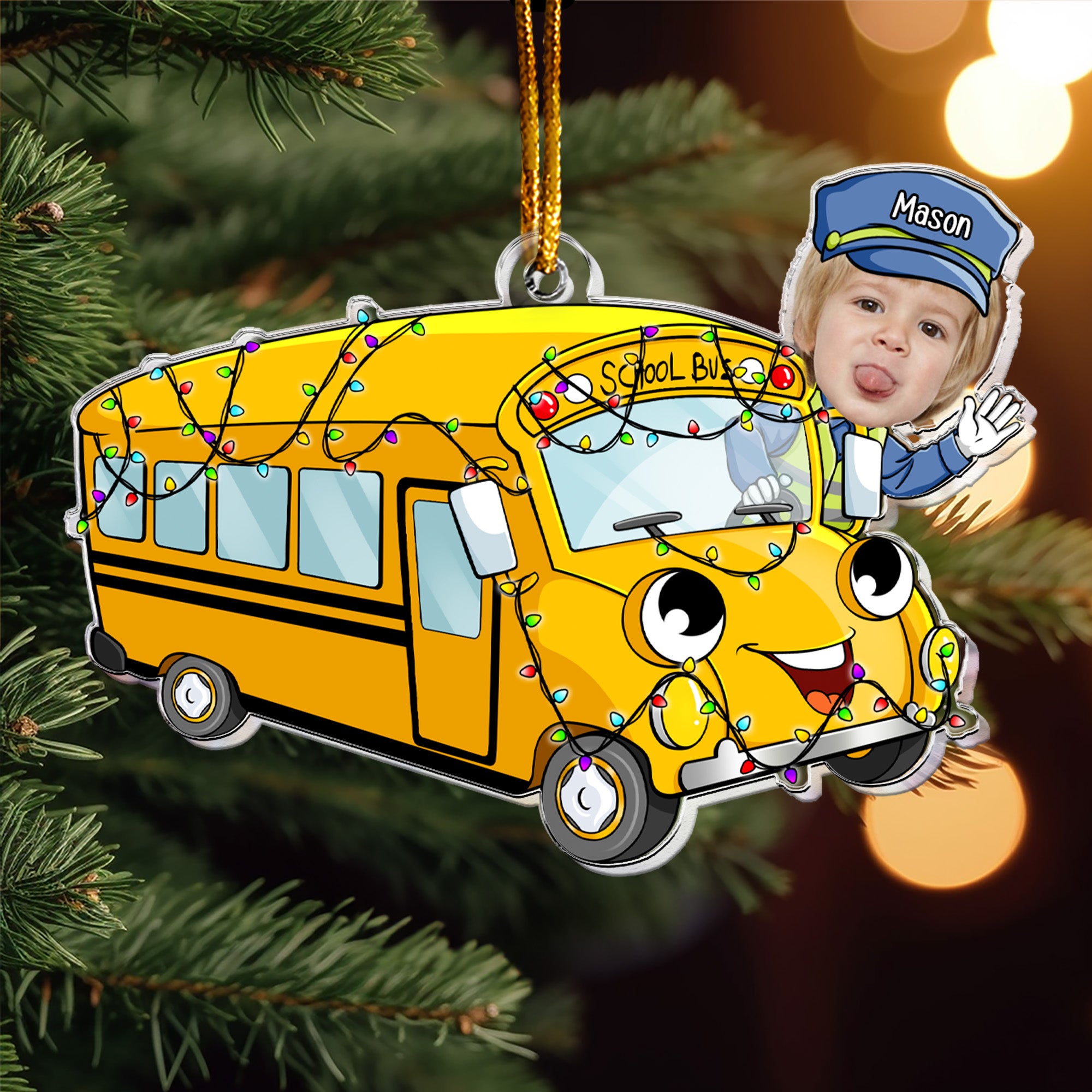 Fuuny School Bus Cartoon Custom Kid Face - Personalized Acrylic Photo Ornament