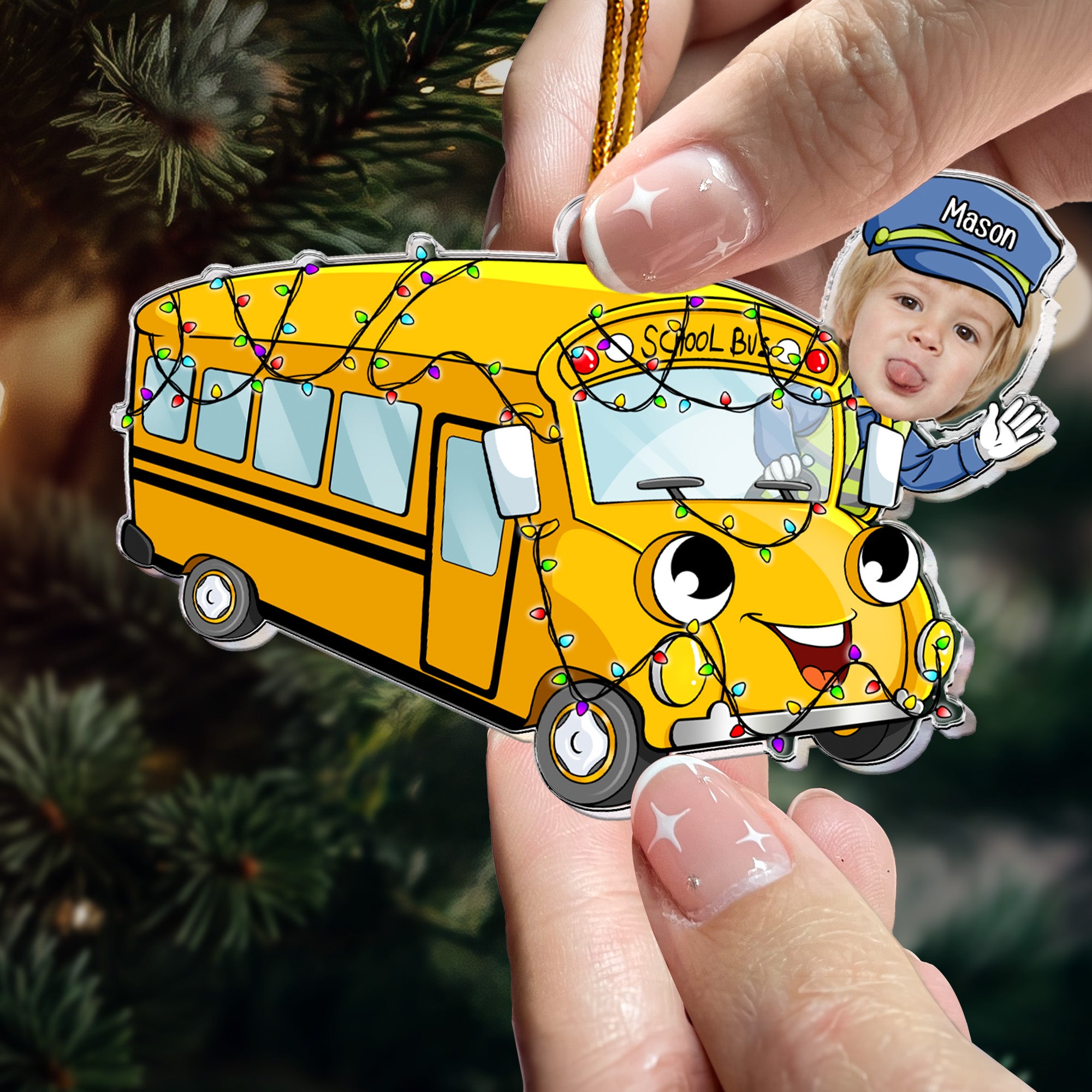 Fuuny School Bus Cartoon Custom Kid Face - Personalized Acrylic Photo Ornament