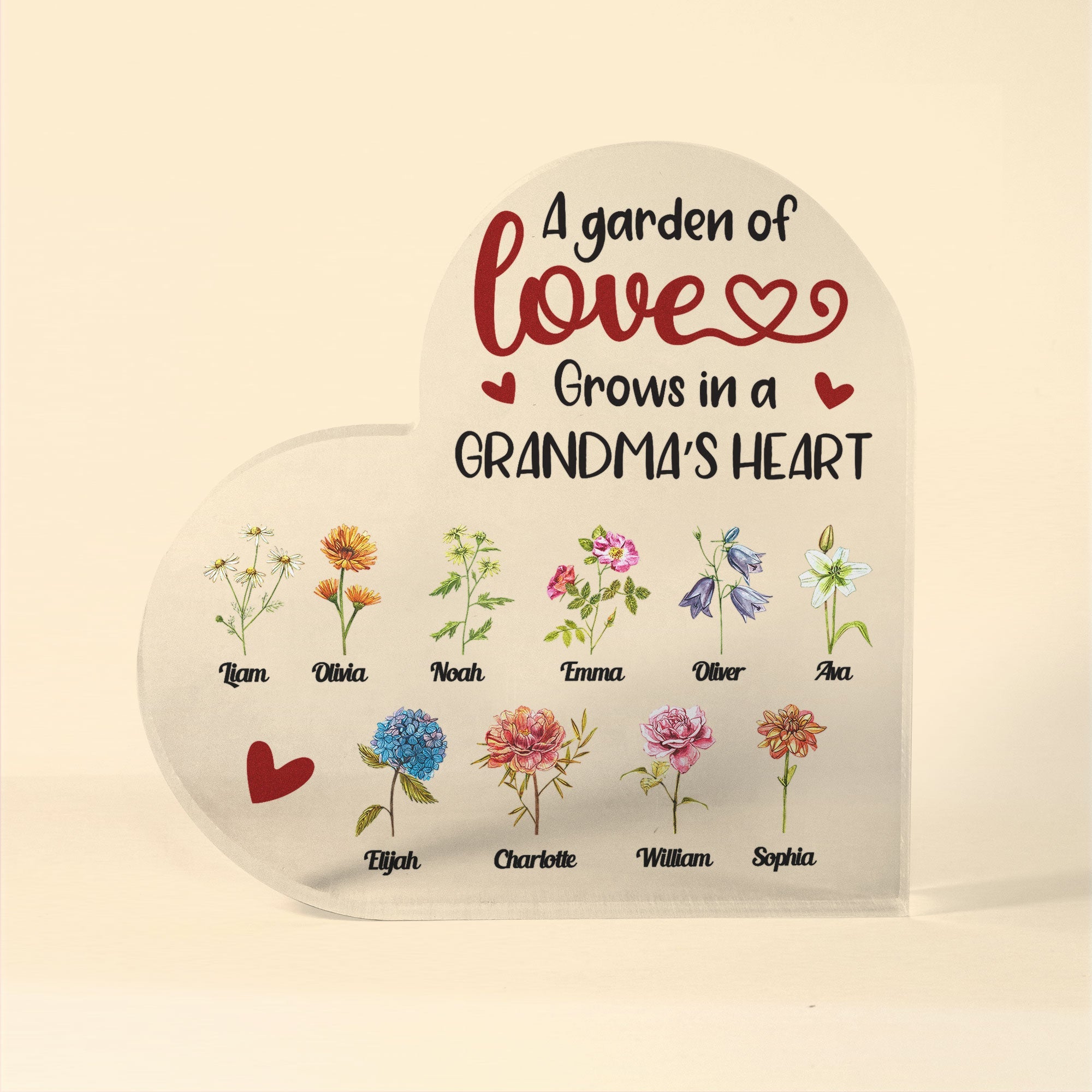 Garden Grows In Grandma's Heart - Personalized Heart Shaped Acrylic Plaque