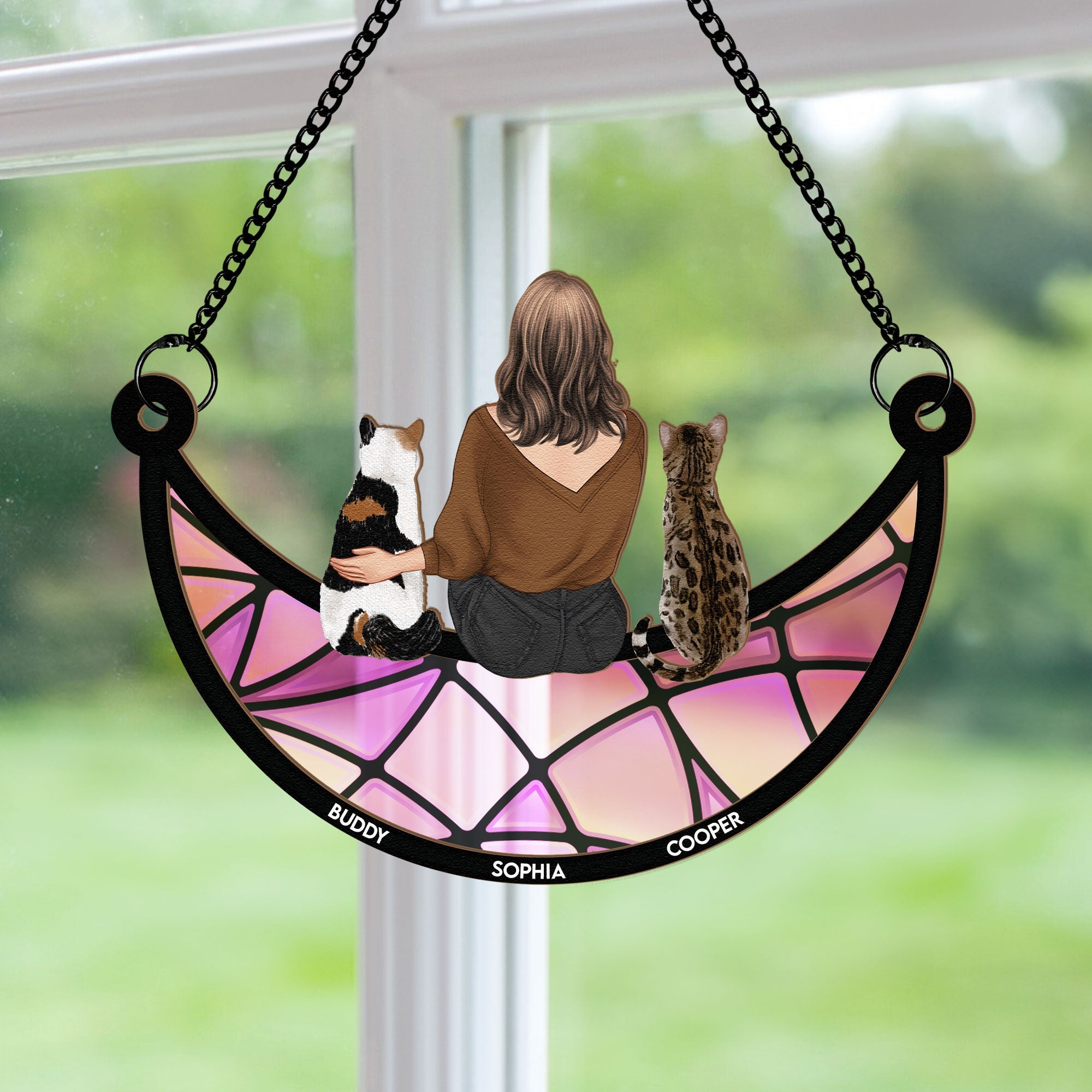 Girl And Cat Sitting On The Moon - Personalized Suncatcher Ornament