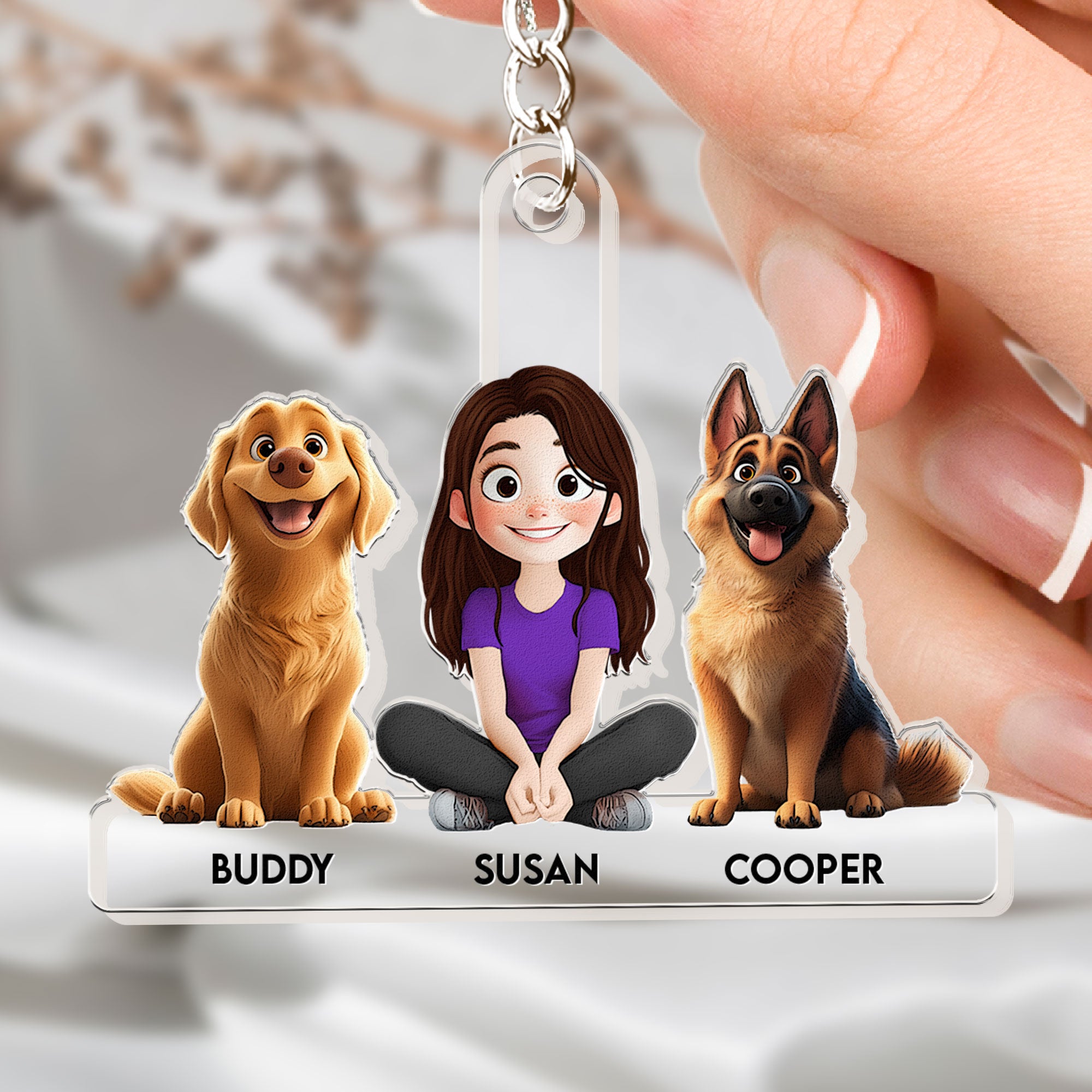 Girl And Dogs - Personalized Acrylic Keychain