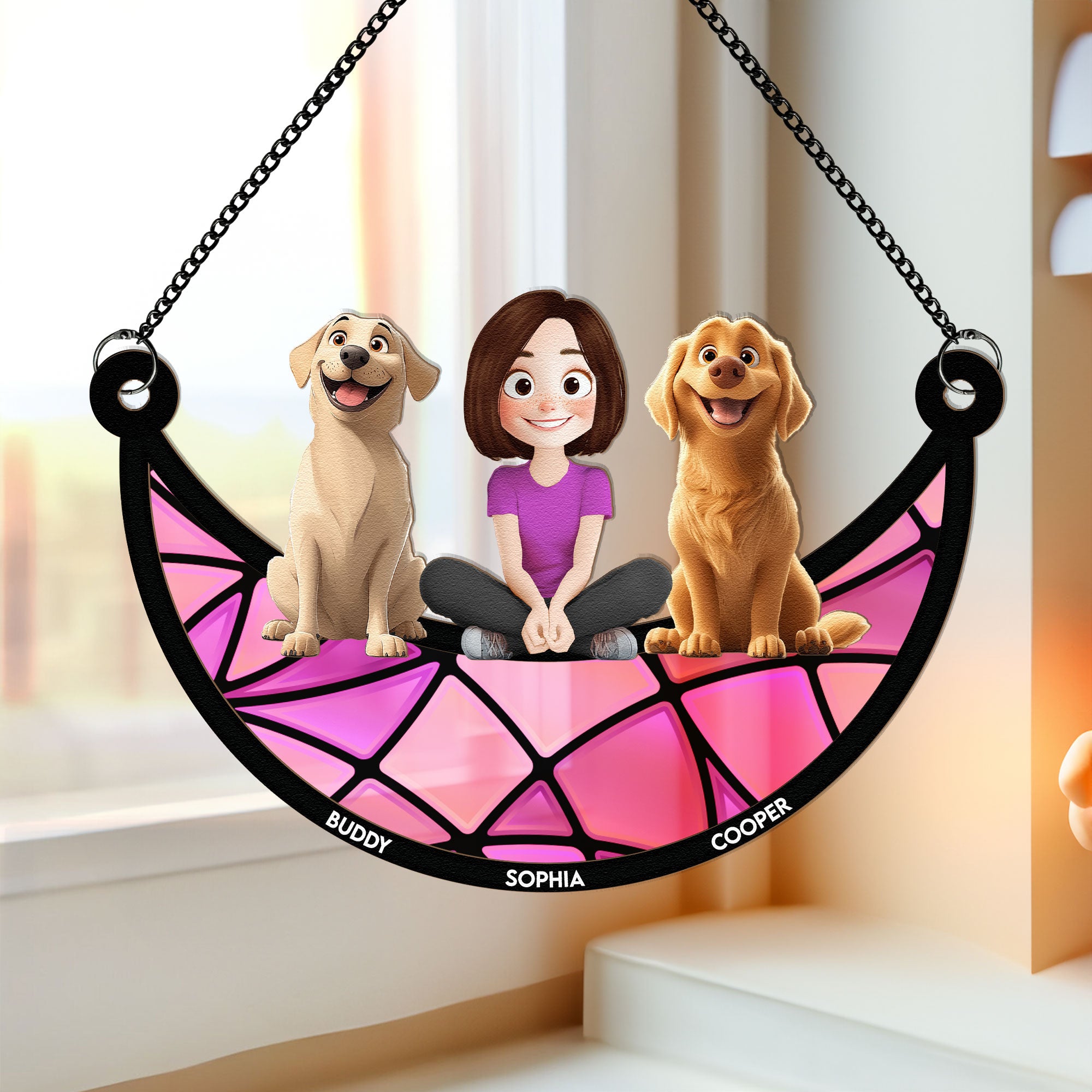 Girl And Her Dogs - Personalized Window Hanging Suncatcher Ornament