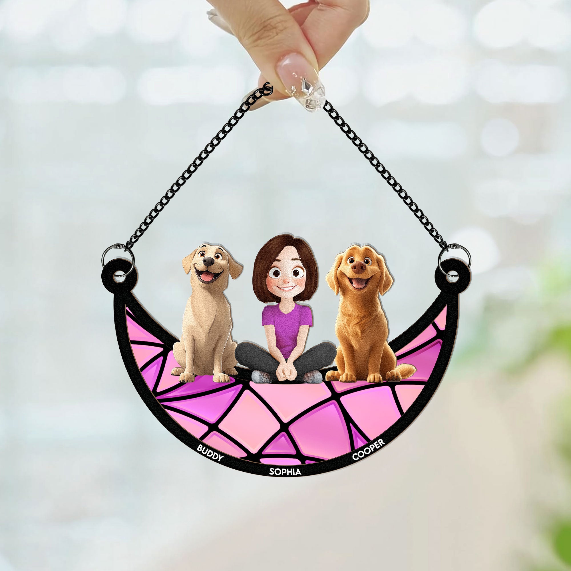 Girl And Her Dogs - Personalized Window Hanging Suncatcher Ornament