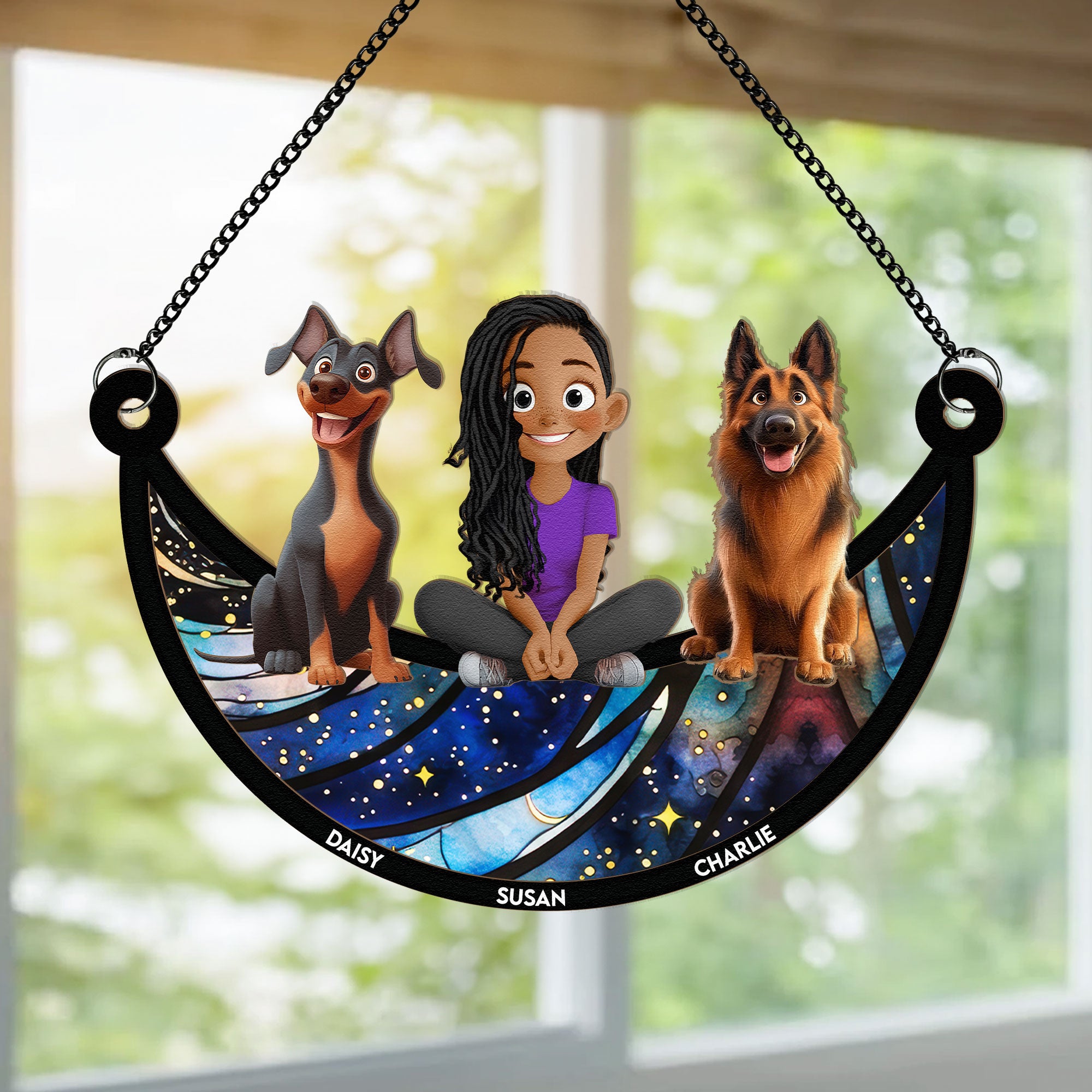 Girl And Her Dogs - Personalized Window Hanging Suncatcher Ornament