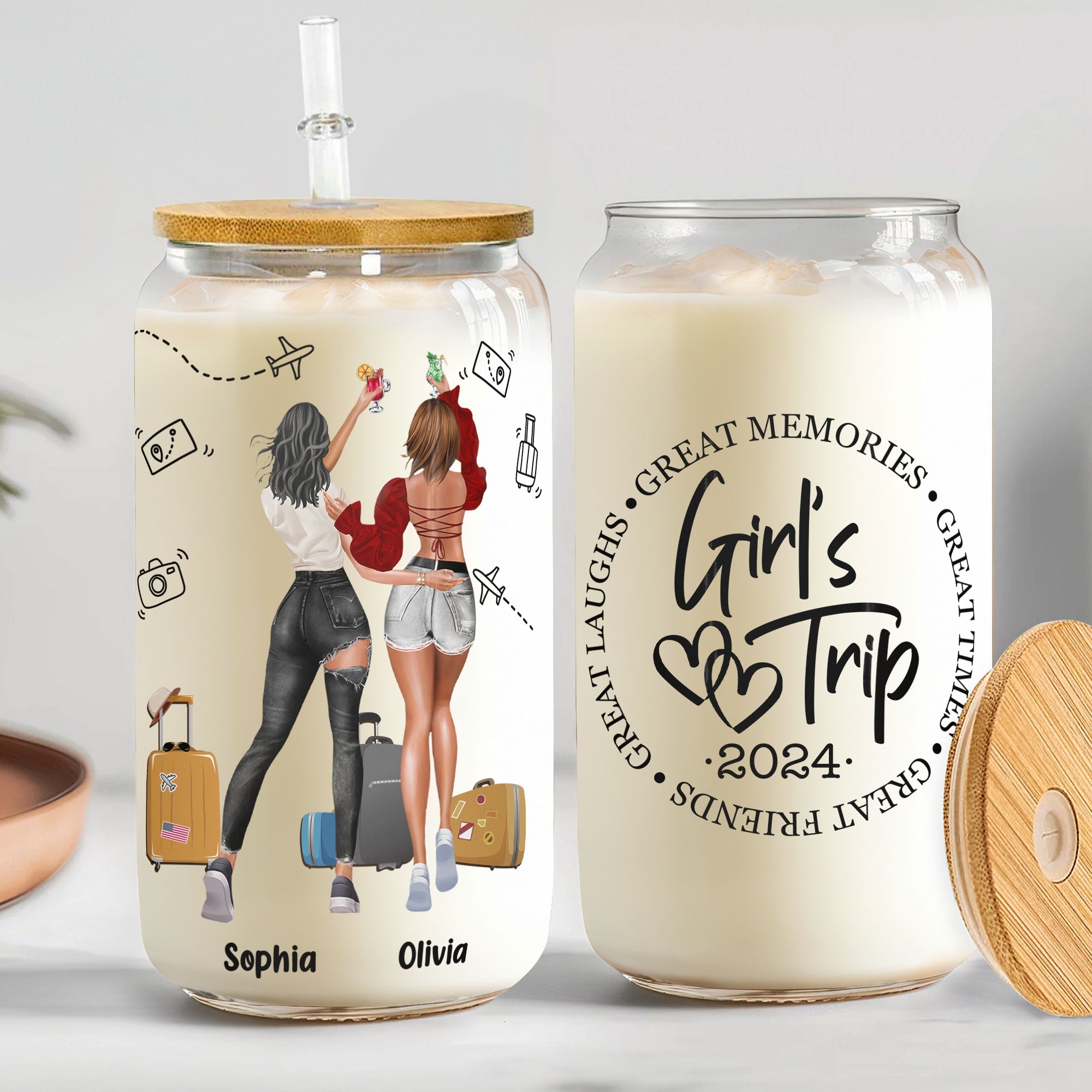 Girl's Trip 2024 Great Memories Times Friends Laughs - Personalized Clear Glass Cup