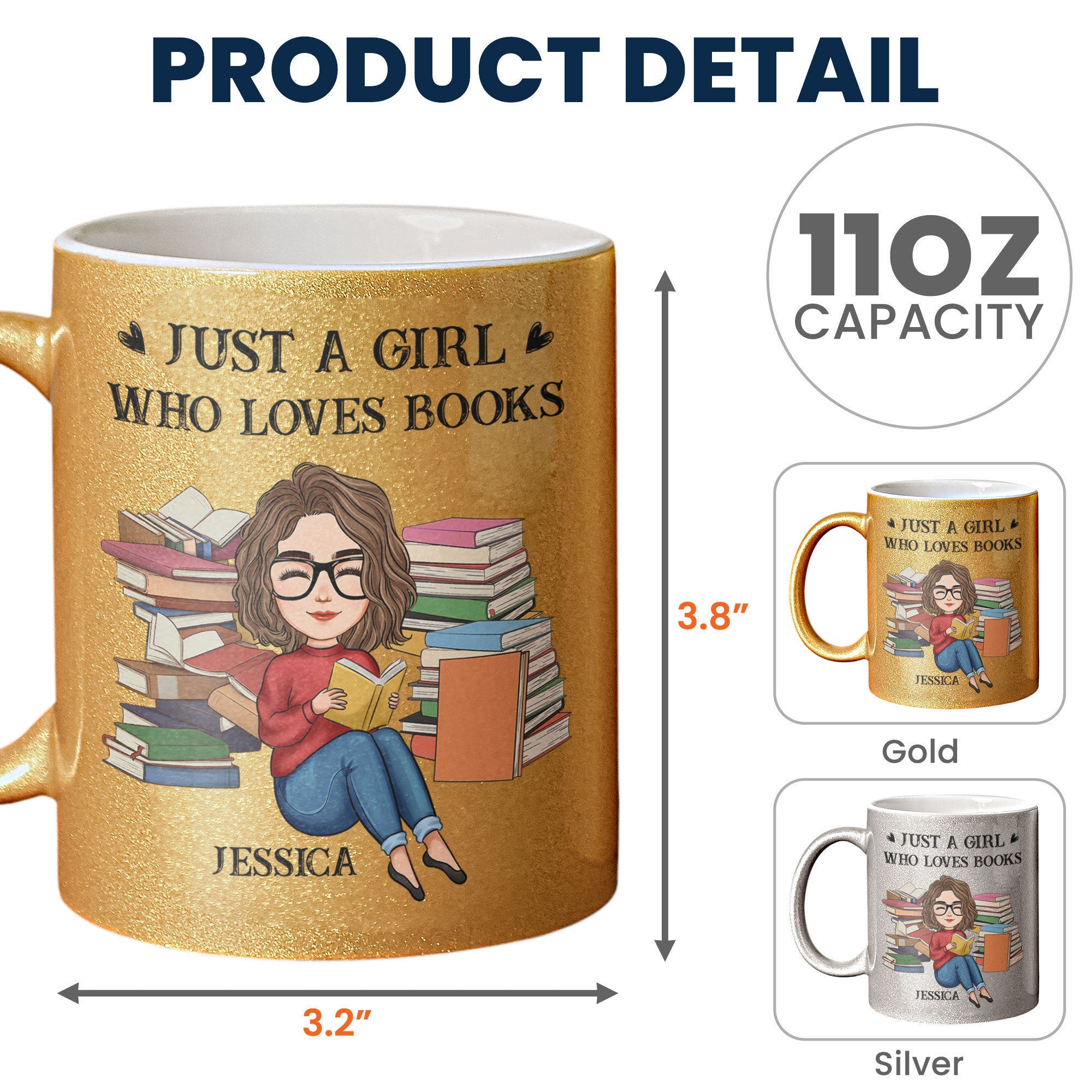 Glitter Mug For Girl Who Loves Books - Personalized Glitter Coffee Mug