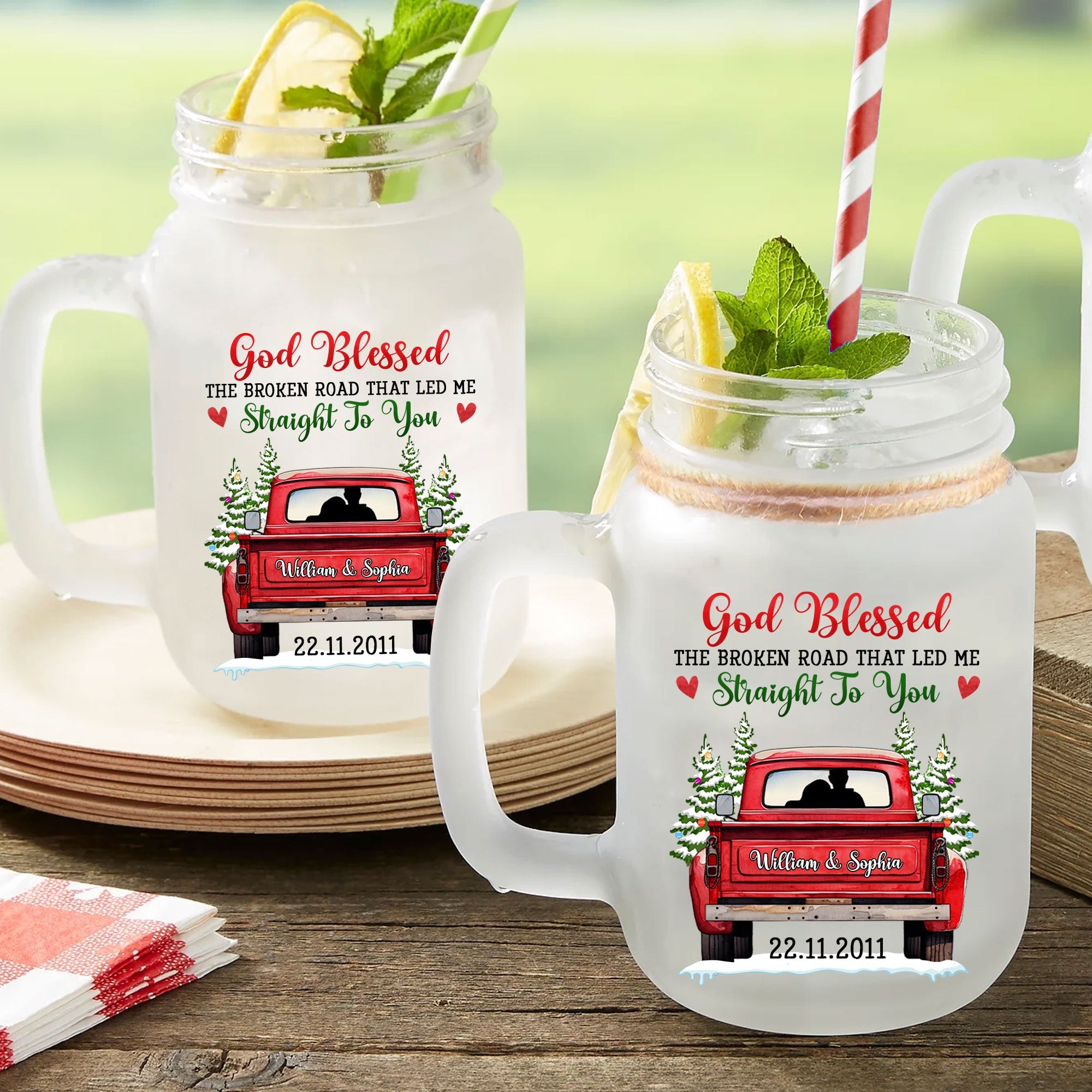 God Blessed The Broad Road Led Me To You - Personalized Mason Jar Cup With Straw