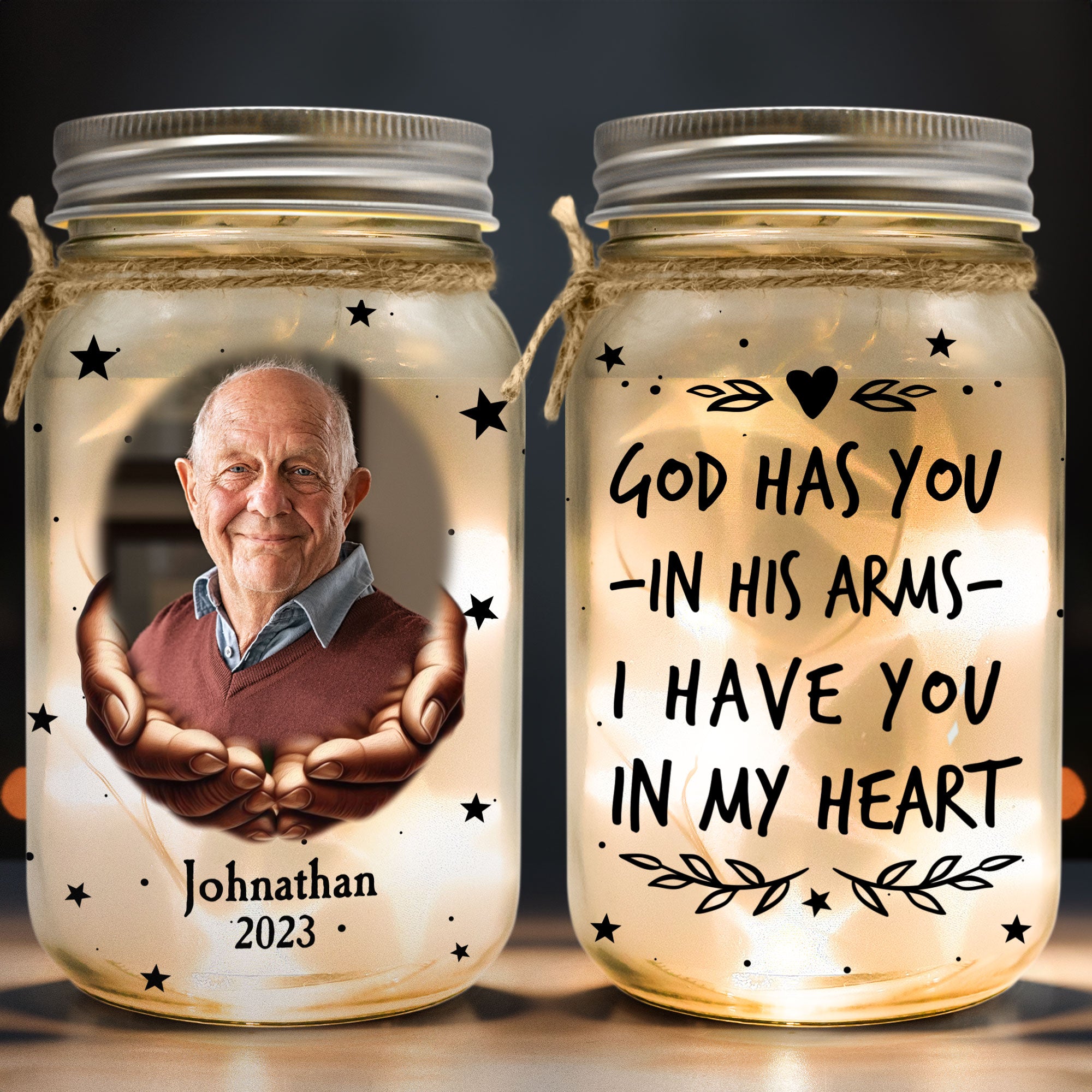 God Has You In His Arms - Personalized Photo Mason Jar Light