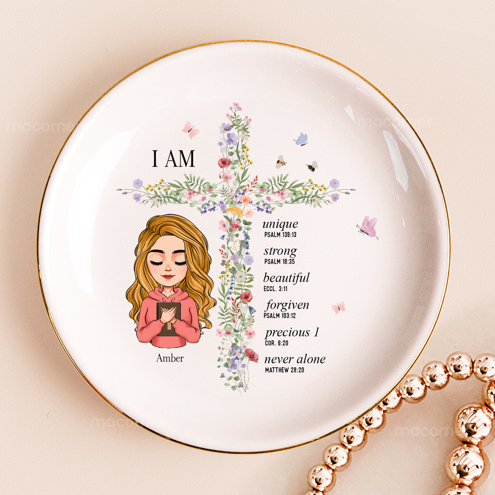 God Says I Am With Floral Cross Gift For Daughter - Personalized Photo Jewelry Dish