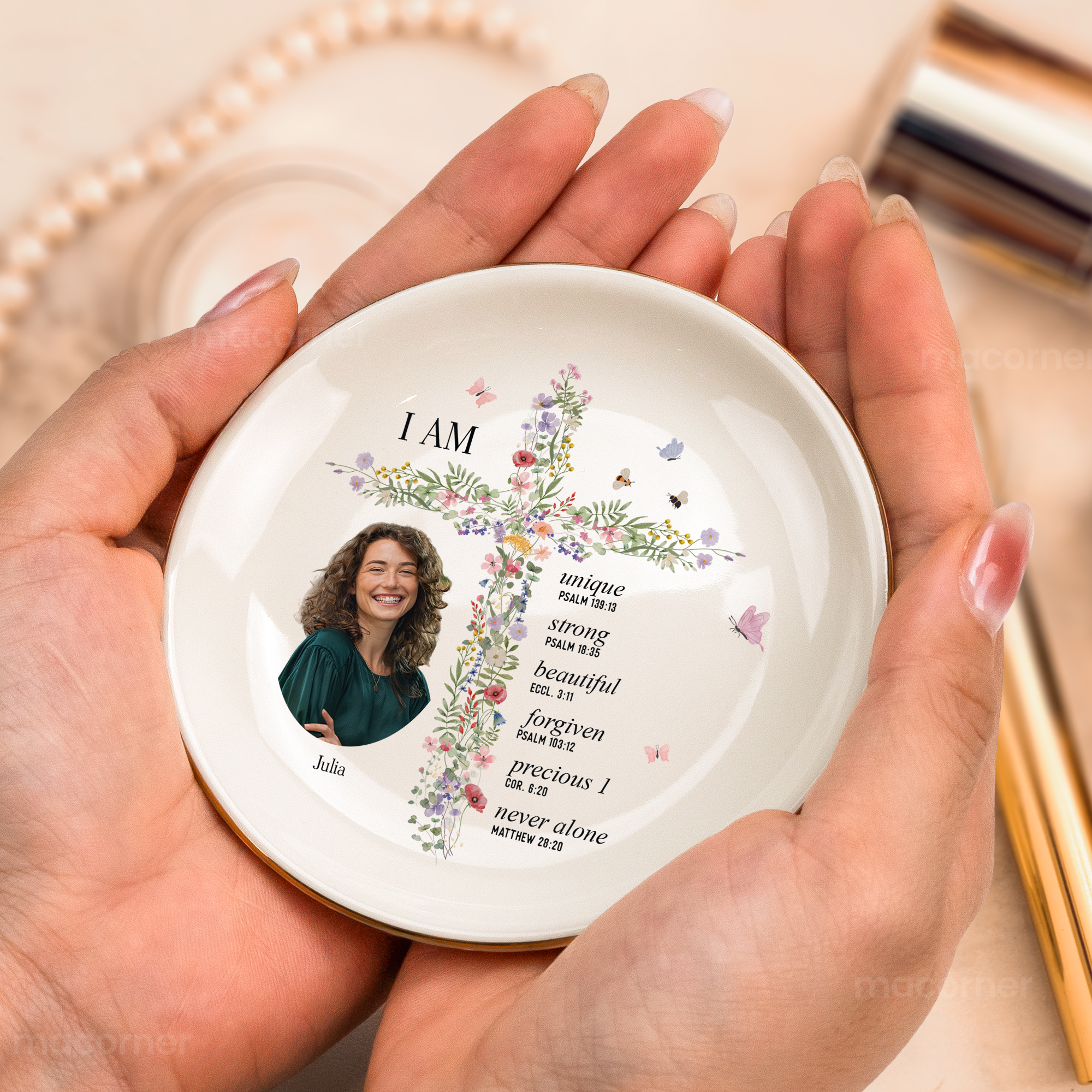 God Says I Am With Floral Cross Gift For Daughter - Personalized Photo Jewelry Dish