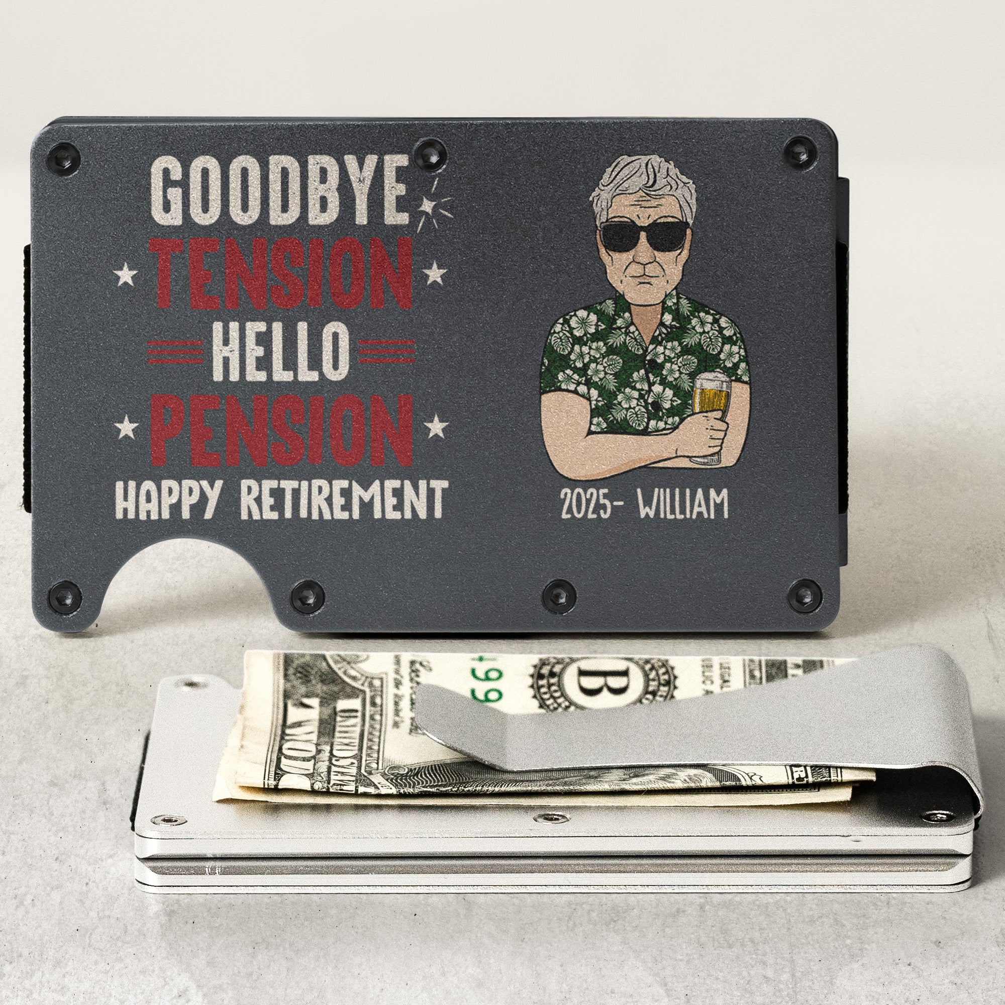 Goodbye Tension Hello Pension - Personalized Metal Card Holder