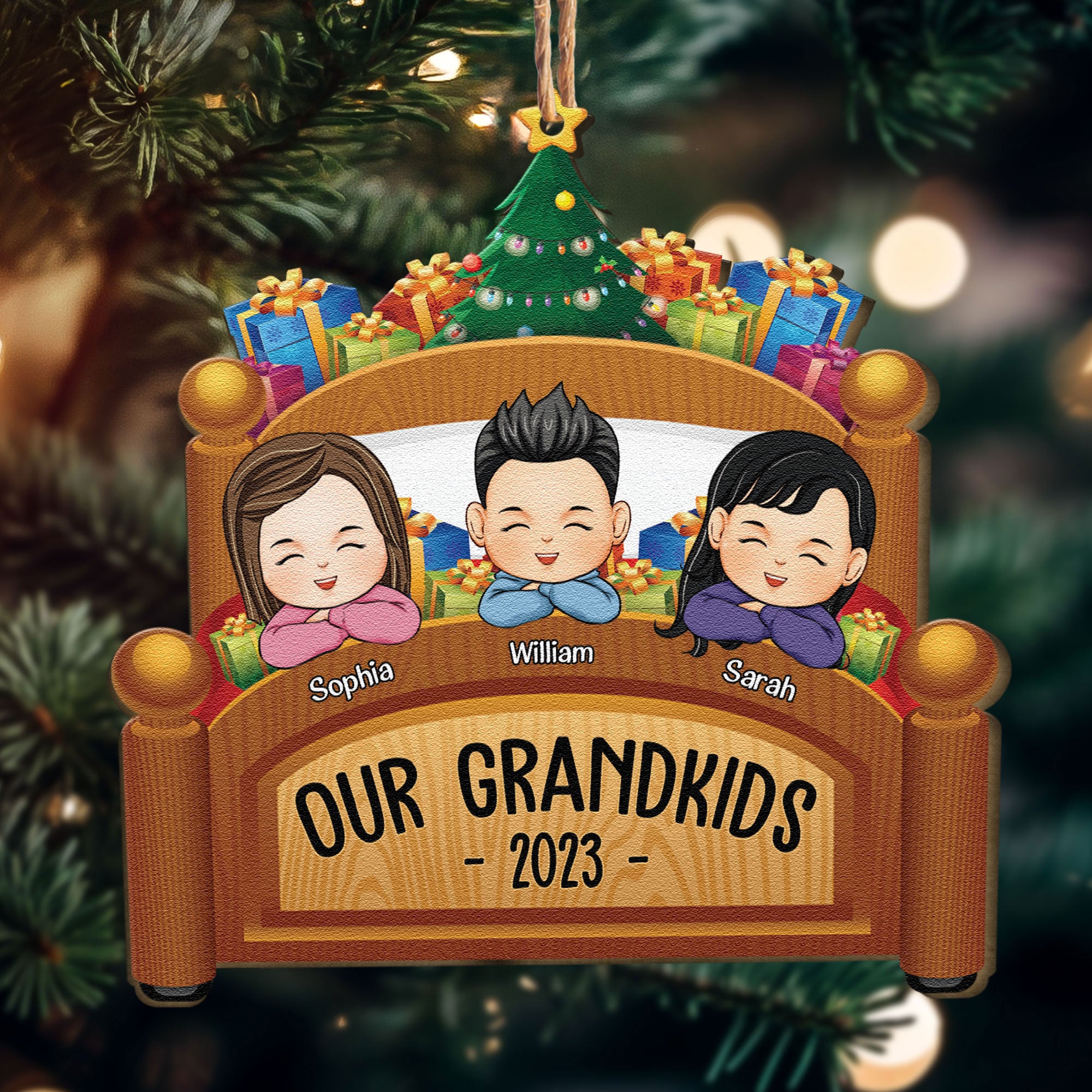 Grandkids Family Joyful Xmas In Bed - Personalized Custom Shaped Wooden Ornament