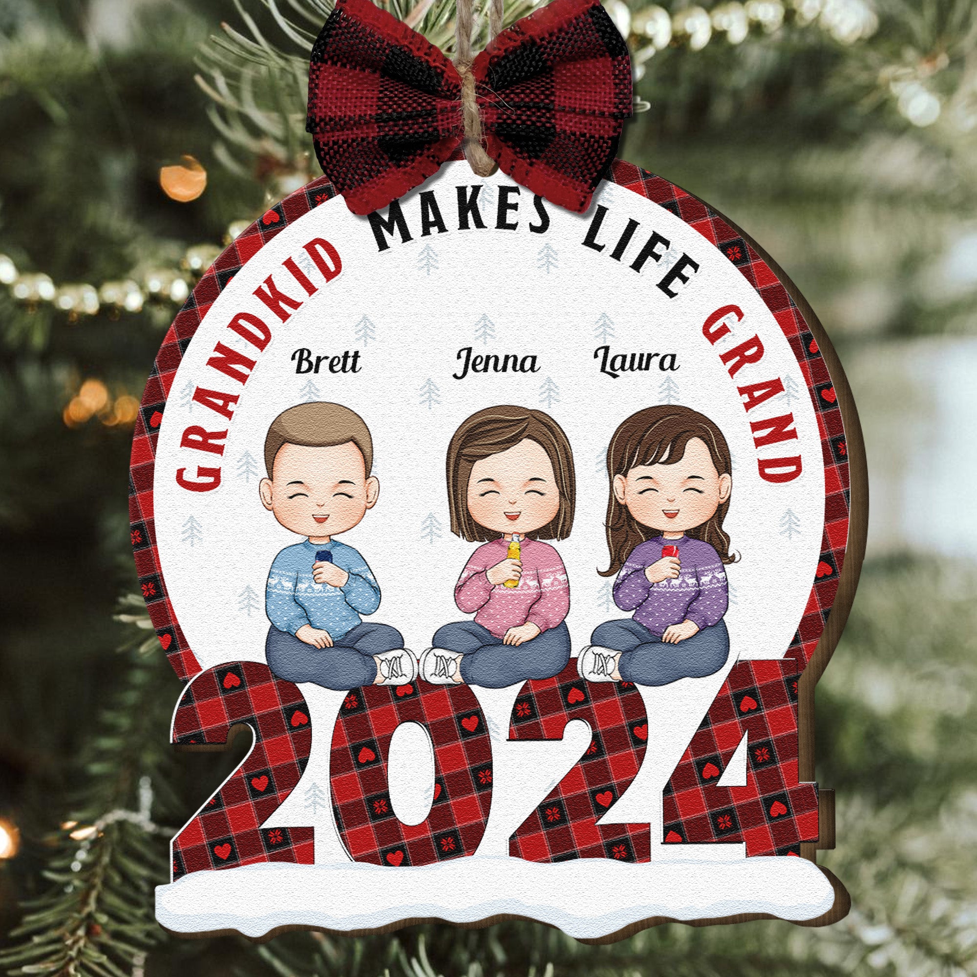 Grandkids Make Life Grand - Personalized Wooden Ornament With Bow