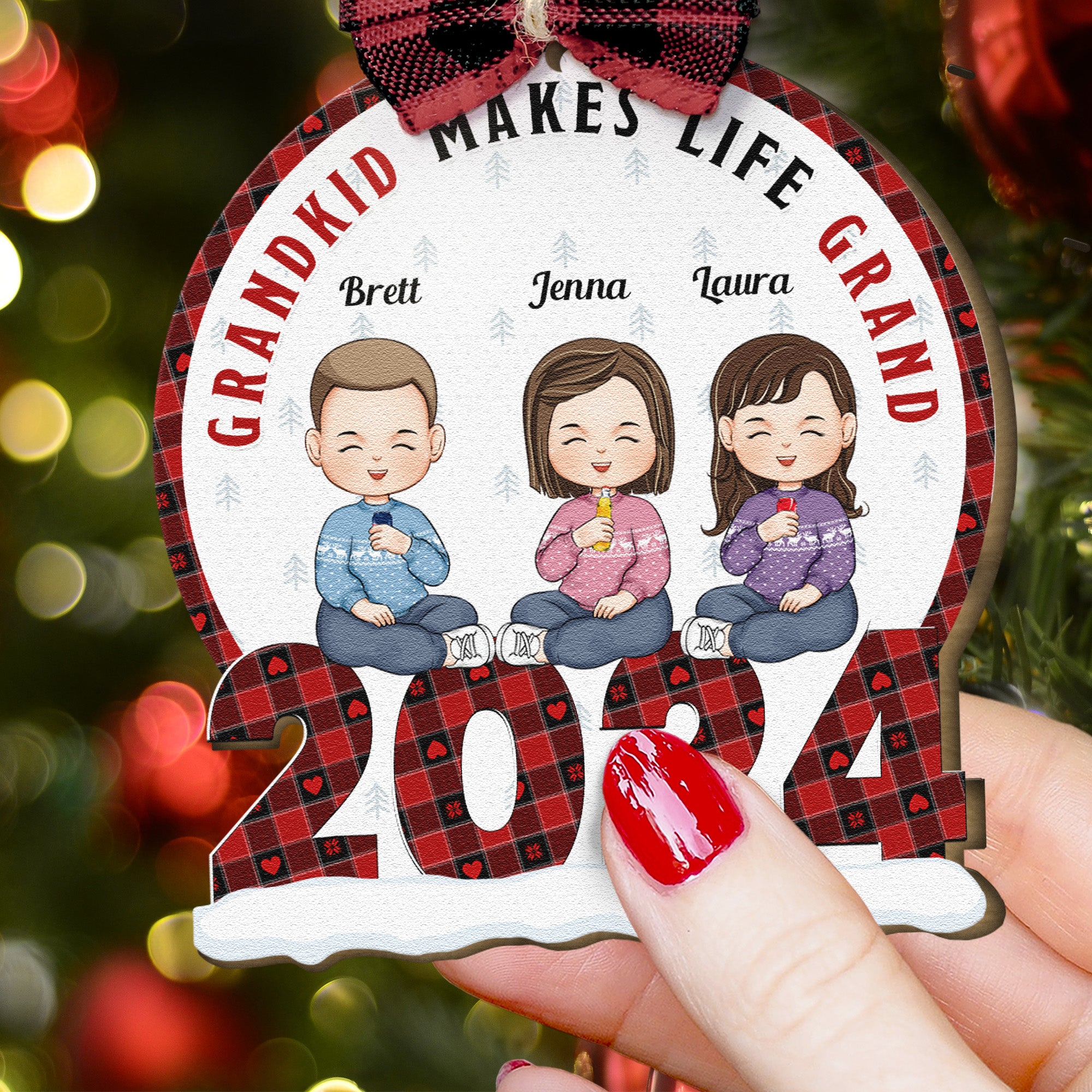 Grandkids Make Life Grand - Personalized Wooden Ornament With Bow