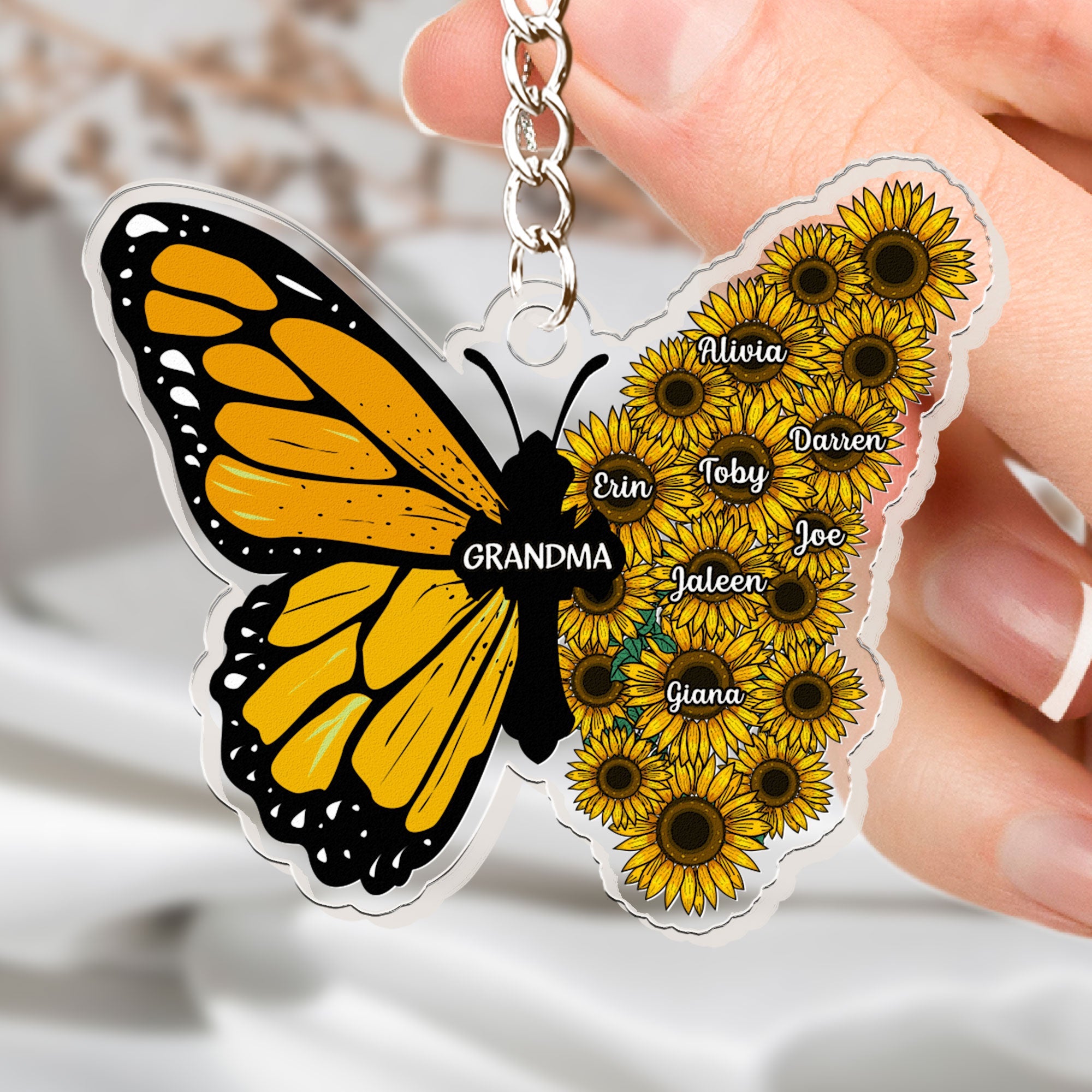 Grandma - Butterfly And Sunflower - Personalized Acrylic Keychain