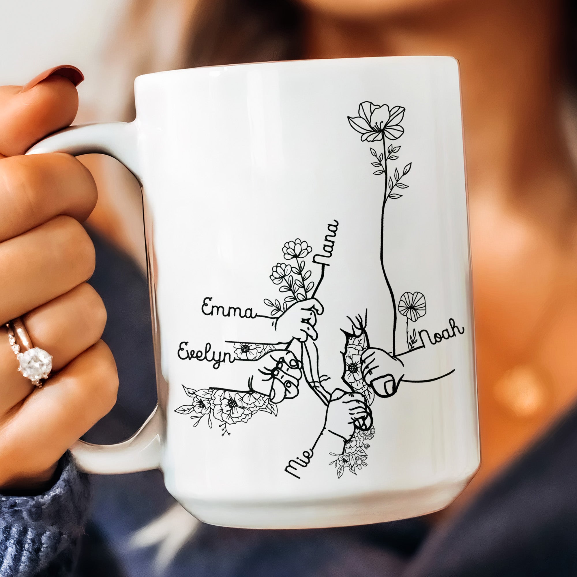 Grandma Grandchildren Holding Hand Floral Pattern - Personalized Mug