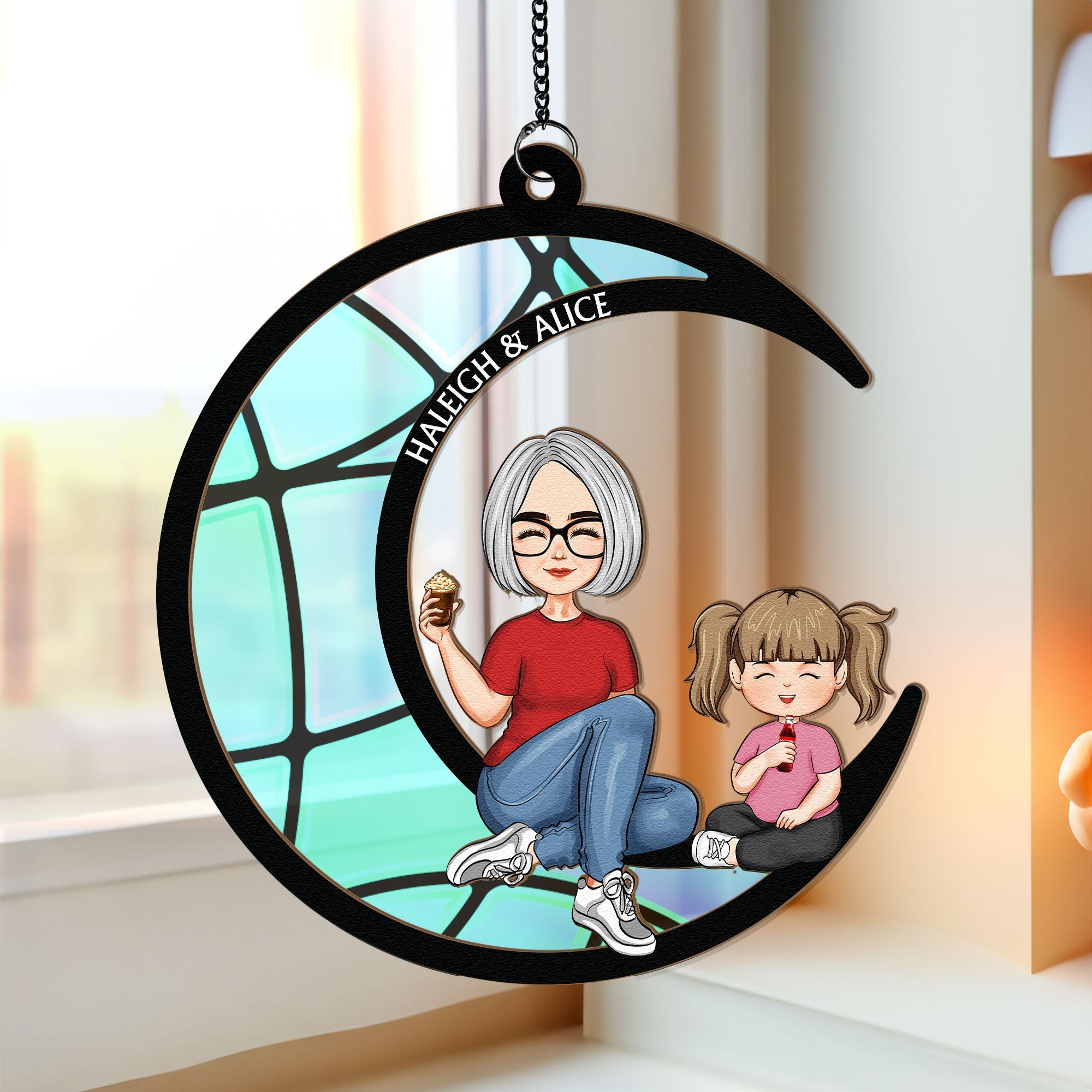 Grandma Grandkid On The Moon - Personalized Window Hanging Suncatcher Ornament