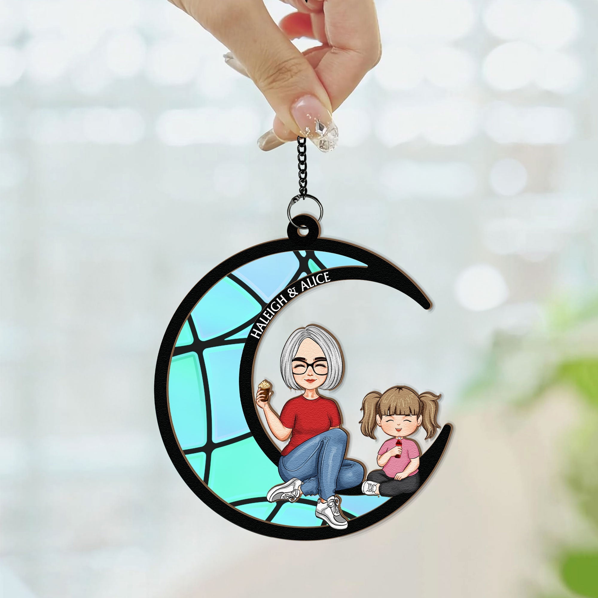 Grandma Grandkid On The Moon - Personalized Window Hanging Suncatcher Ornament