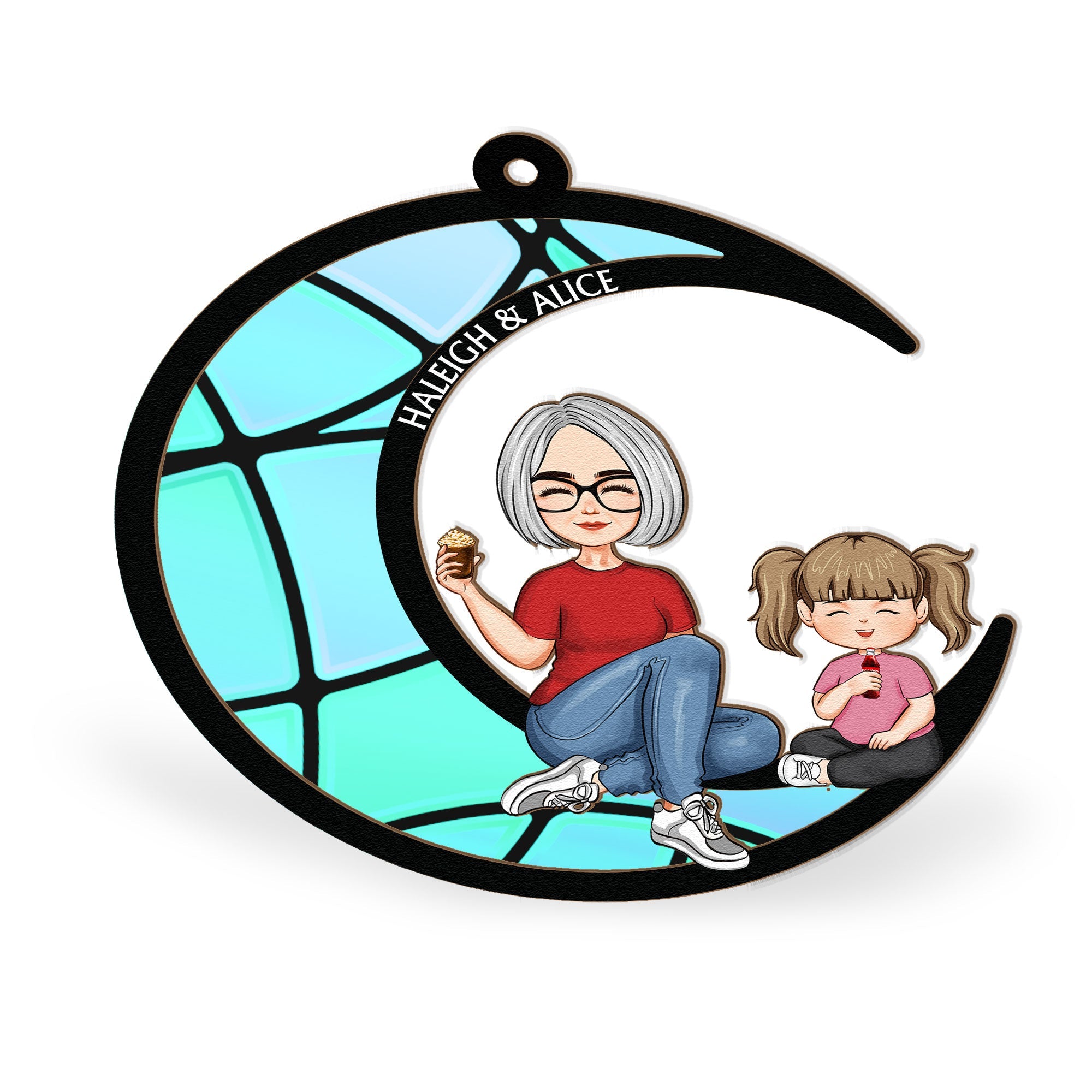 Grandma Grandkid On The Moon - Personalized Window Hanging Suncatcher Ornament