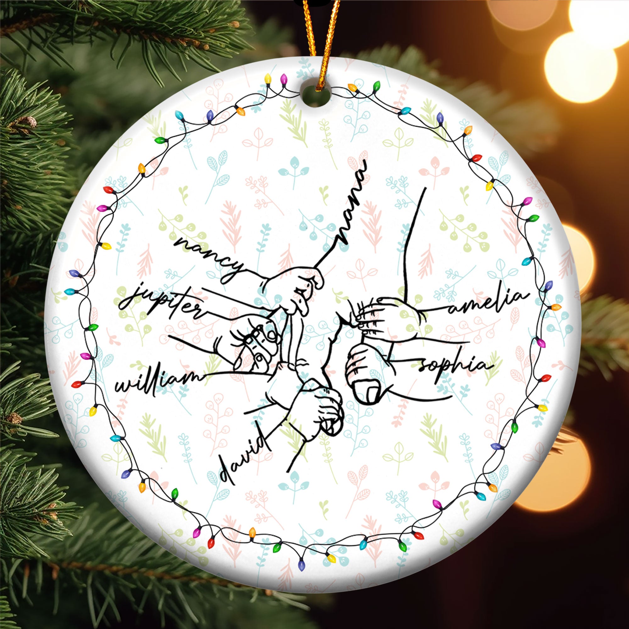 Grandma Hand Grandkids Name Christmas Light - Personalized Two-Sided Ceramic Ornament