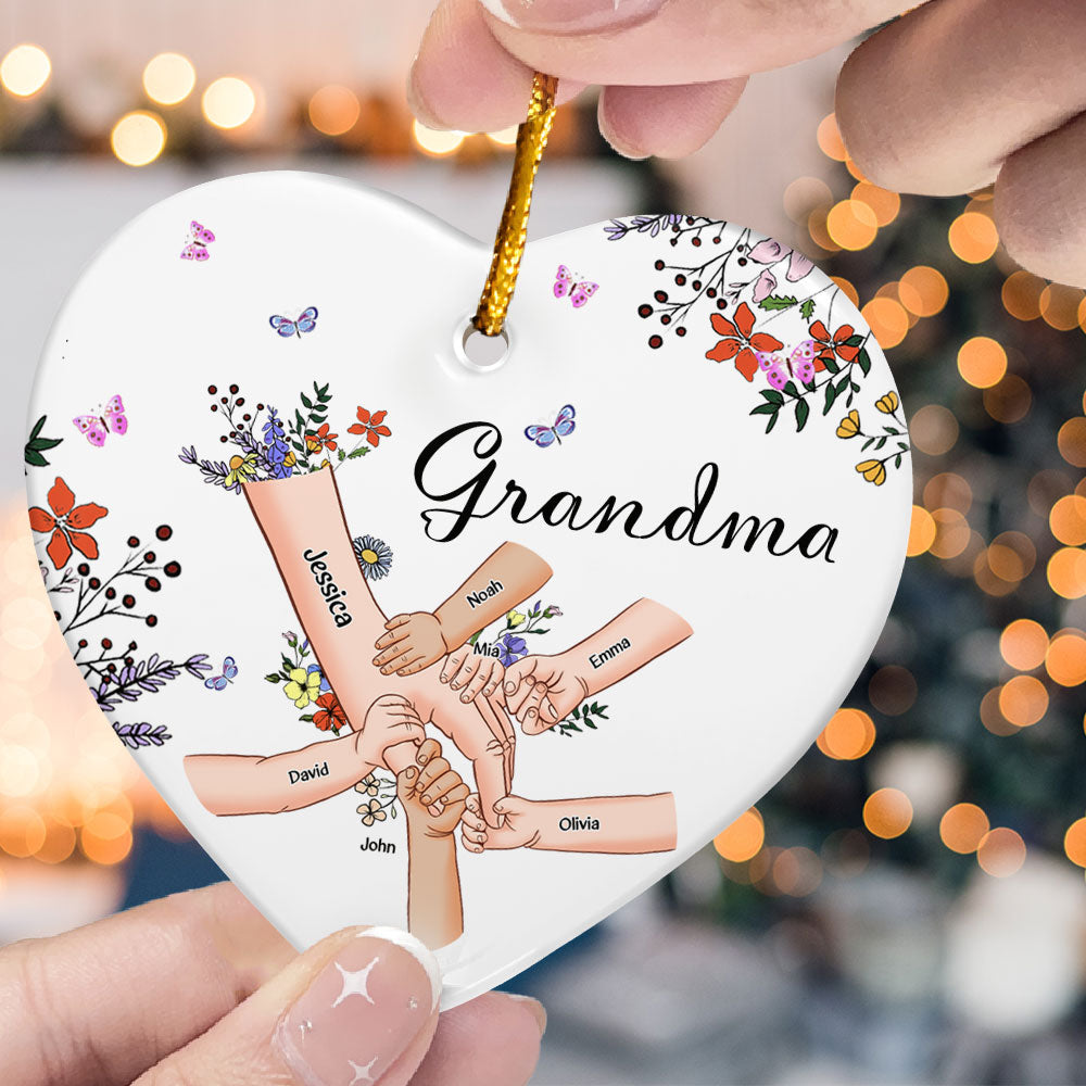 Grandma With Grandkids Holding Hand Wild Floral - Personalized Ceramic Ornament