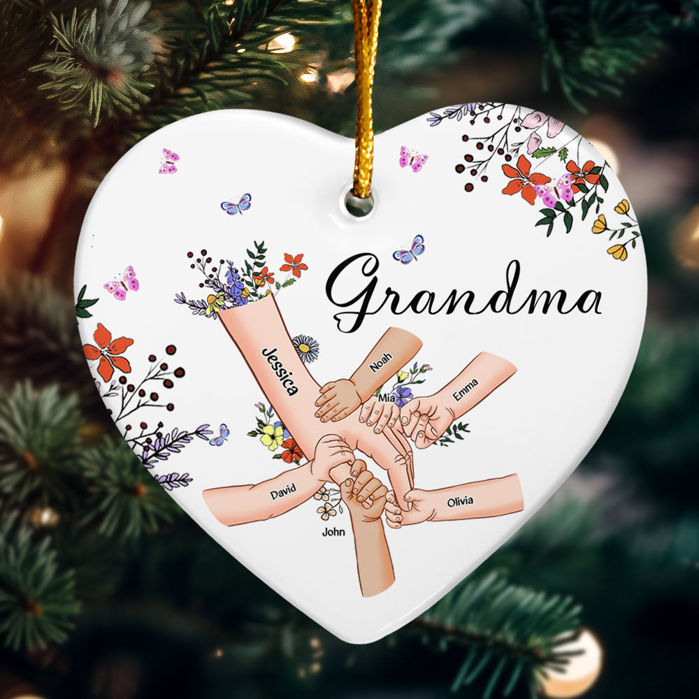 Grandma With Grandkids Holding Hand Wild Floral - Personalized Ceramic Ornament