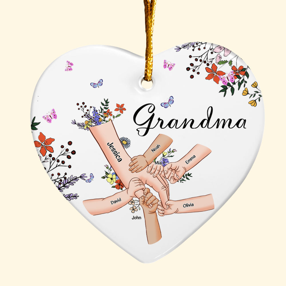 Grandma With Grandkids Holding Hand Wild Floral - Personalized Ceramic Ornament