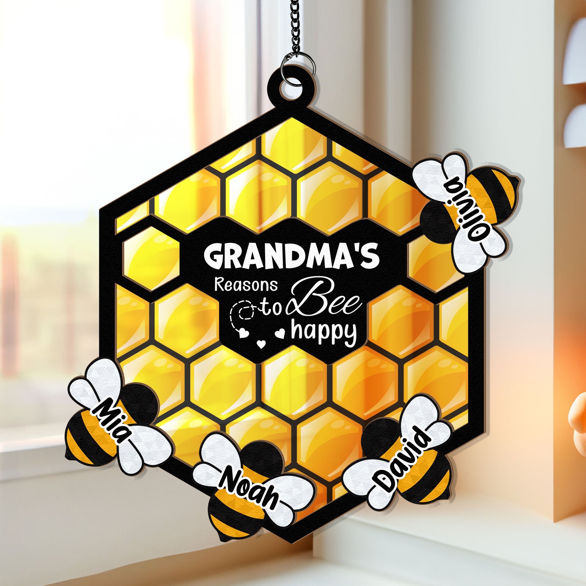 Grandma's Reasons To Bee Happy - Personalized Window Hanging Suncatcher Ornament