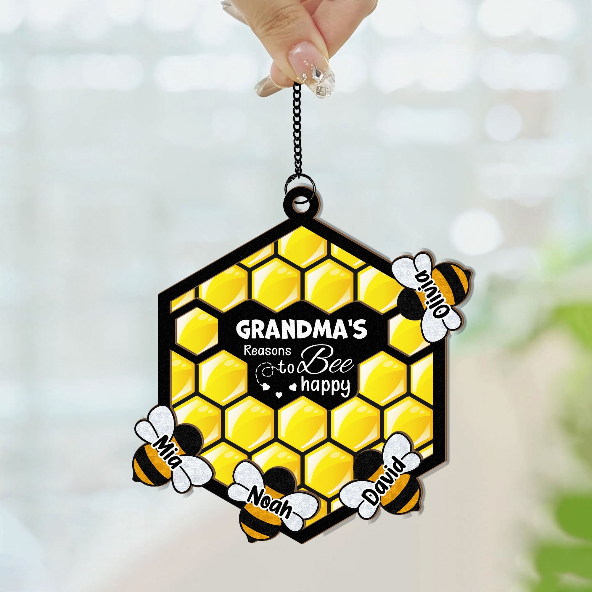 Grandma's Reasons To Bee Happy - Personalized Window Hanging Suncatcher Ornament