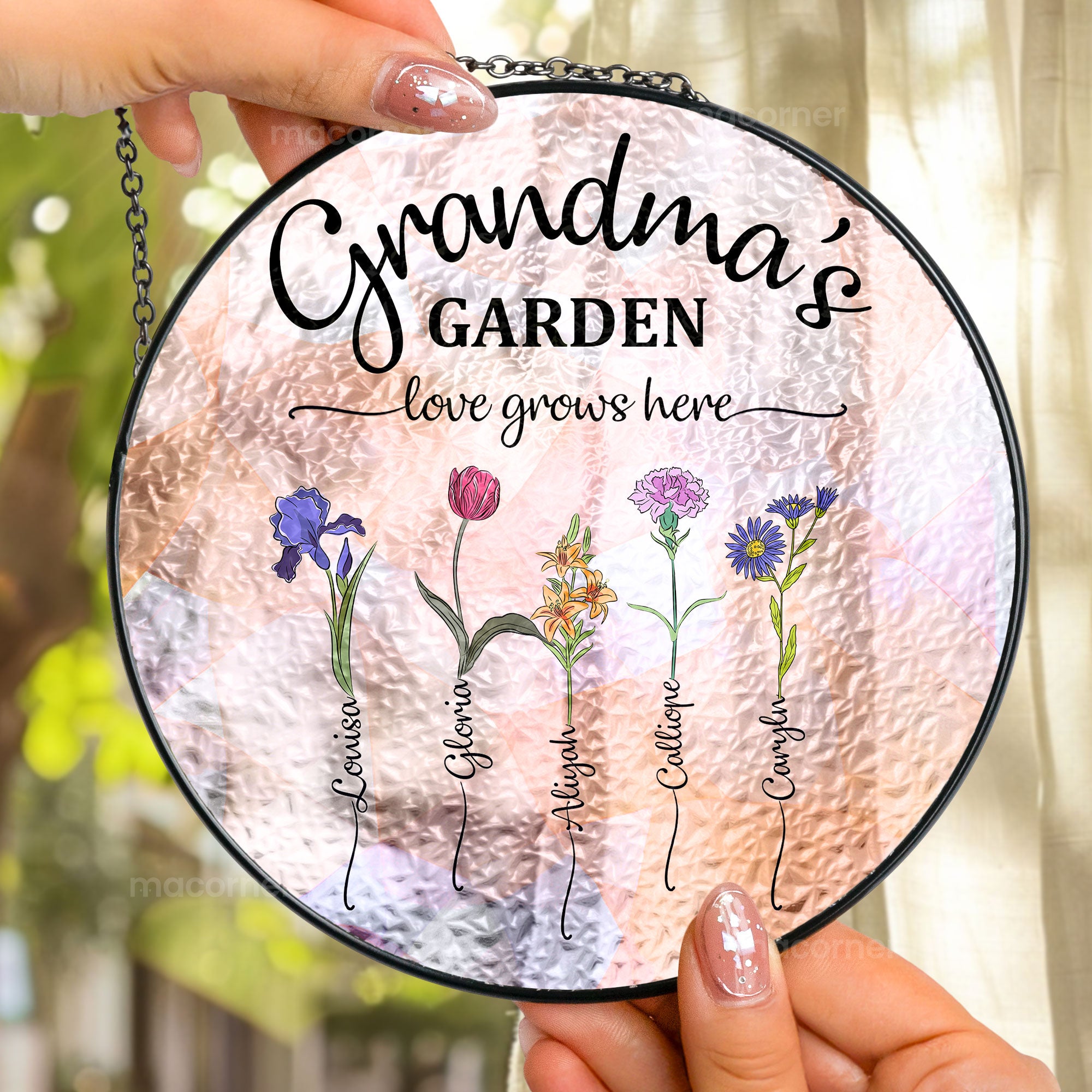 Grandma's Garden - Custom Birth Flower - Personalized Stained Glass Window Hanging Suncatcher