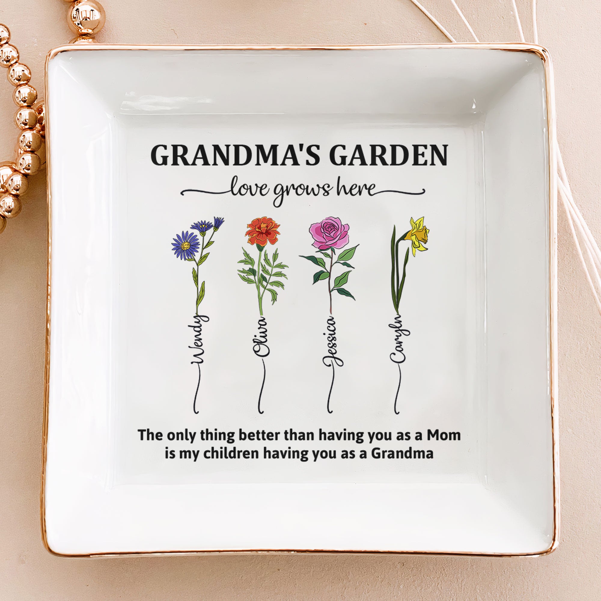 Grandma's Garden Having You As Grandmother - Custom Birth Flower - Personalized Jewelry Dish