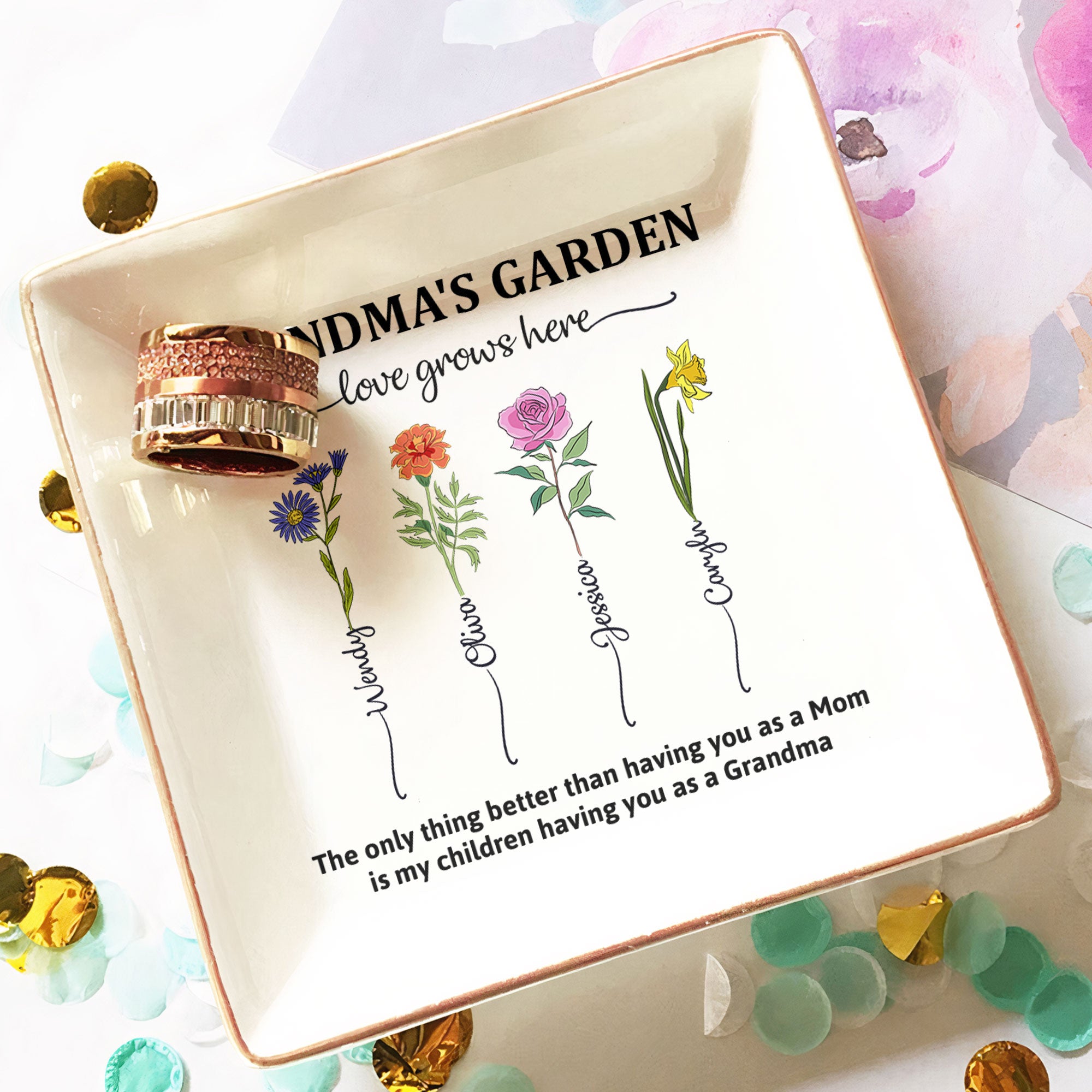 Grandma's Garden Having You As Grandmother - Custom Birth Flower - Personalized Jewelry Dish