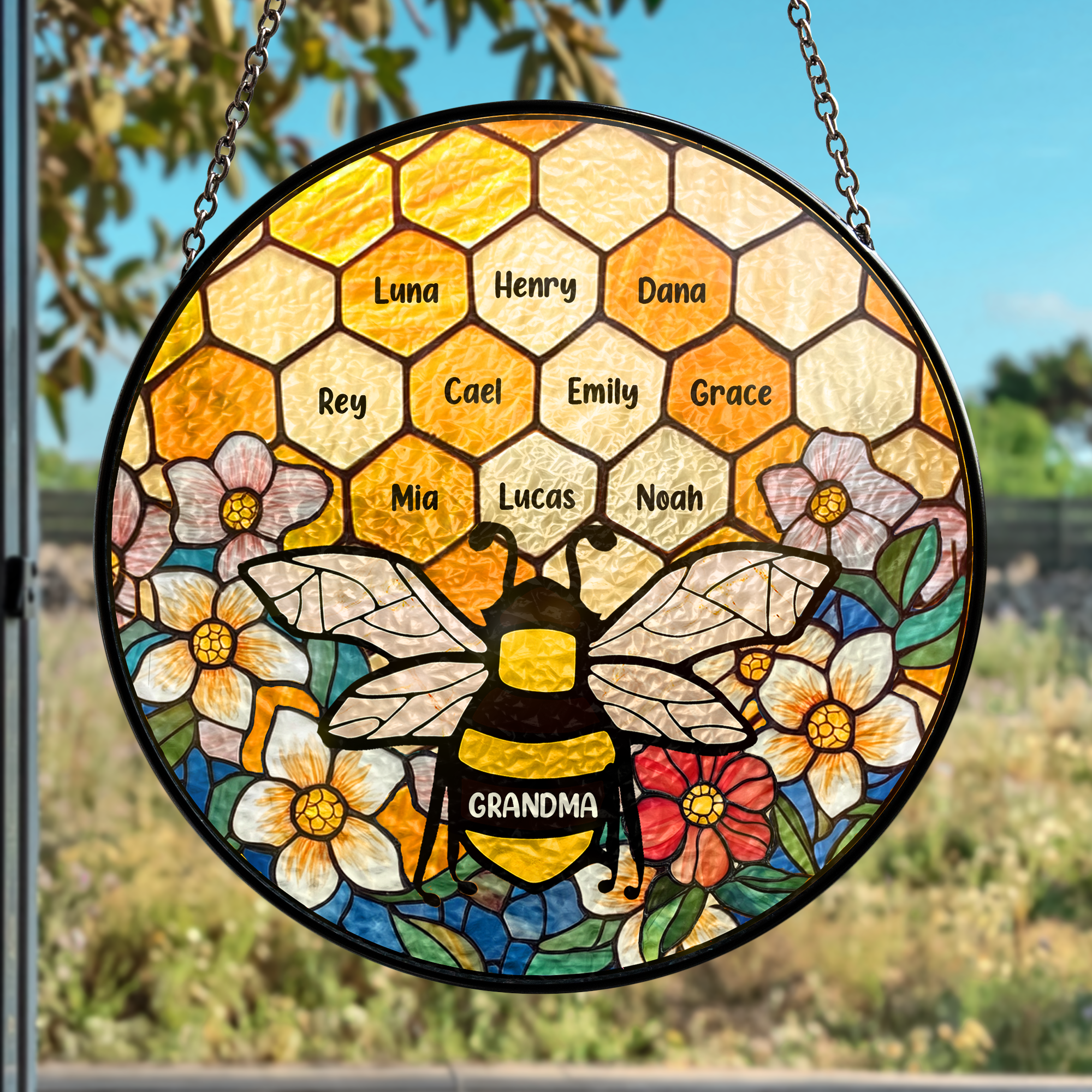 Grandma's Garden Bee - Personalized Stained Glass Window Hanging Suncatcher Ornament