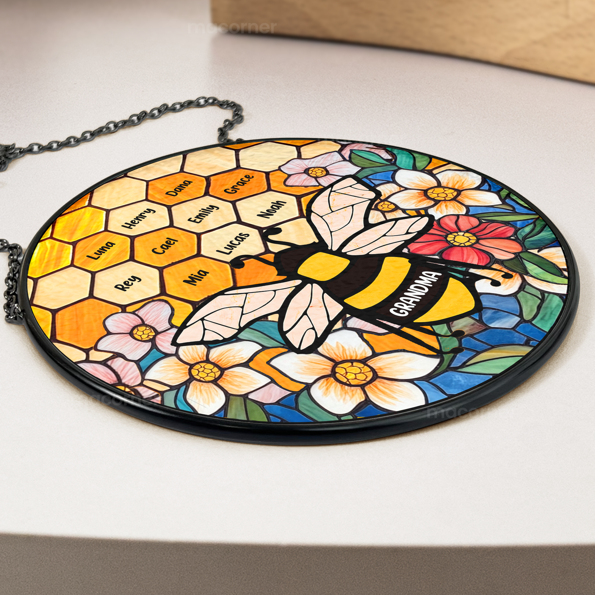 Grandma's Garden Bee - Personalized Stained Glass Window Hanging Suncatcher Ornament