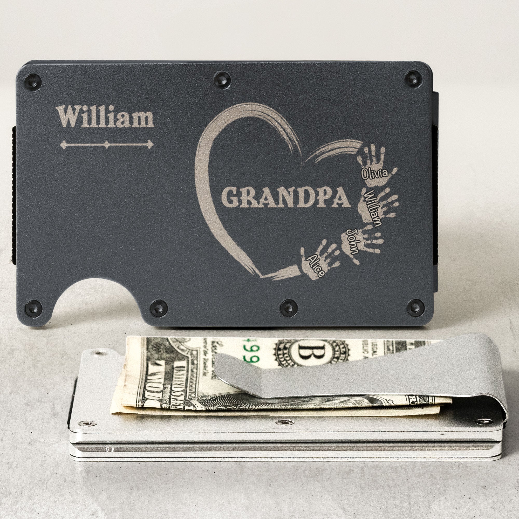 Grandpa Dad Kids Handprints - Personalized Metal Card Holder