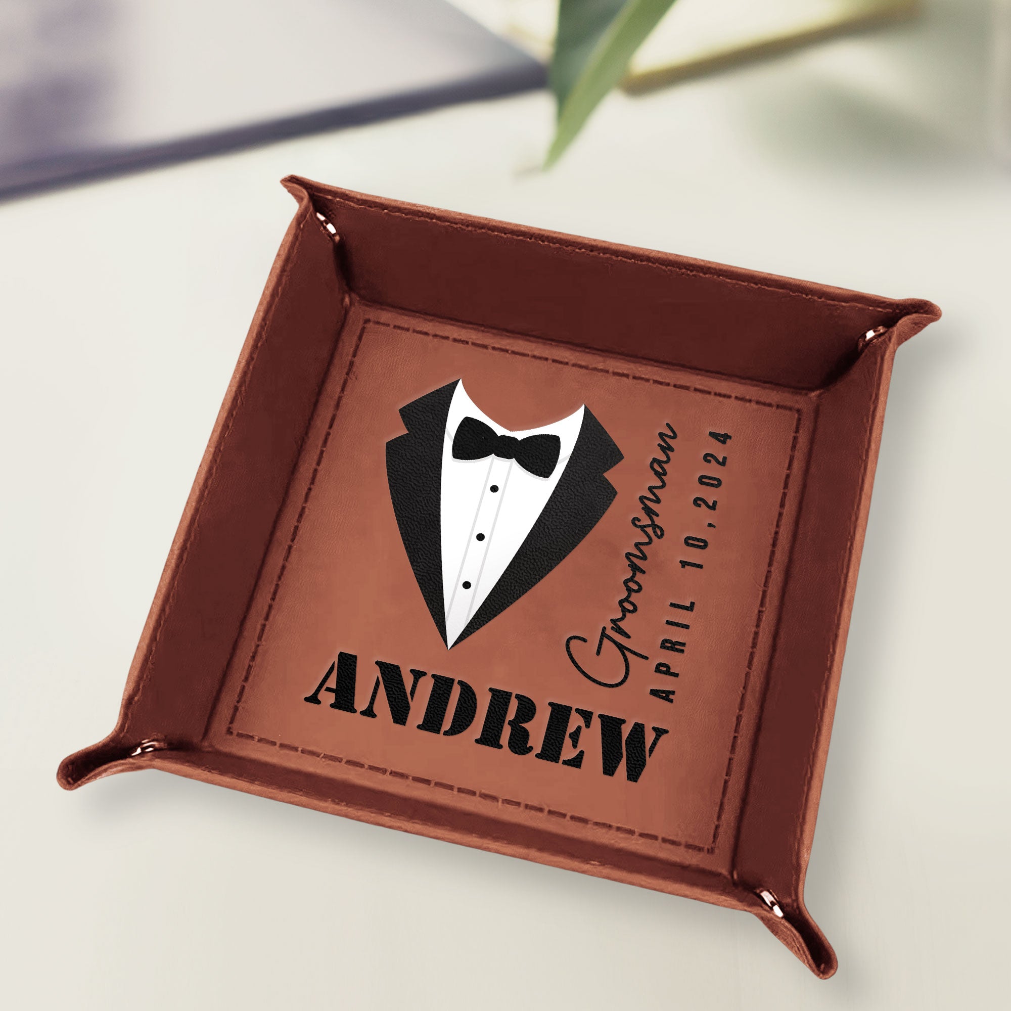 Groom And Groomsmen Wedding Gift - Personalized Leather Valet Tray