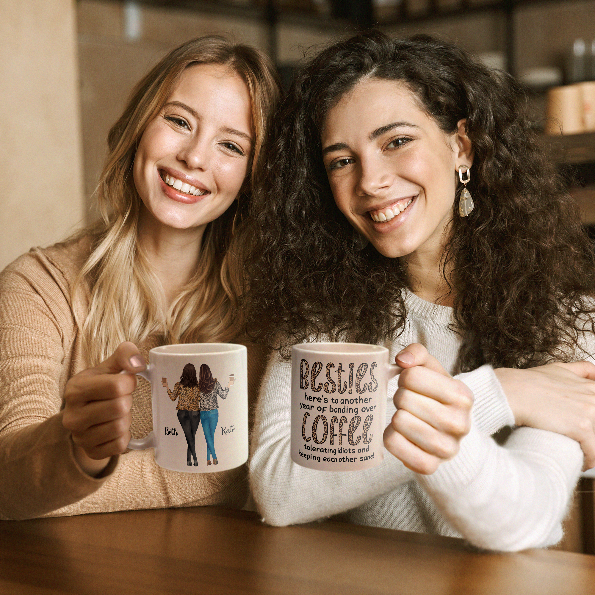 Here's To Another Year Of Bonding Over Coffee - Personalized Mug - Birthday, New Year Gift For Besties, Soul Sisters, Sistas, BFF, Friends - Leopard Pattern Jacket Women