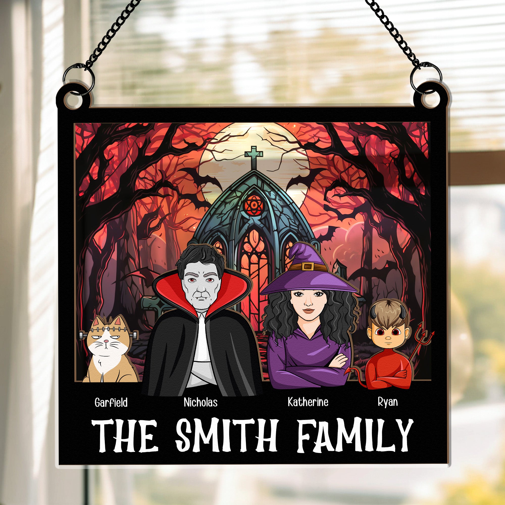 Halloween Family Monster Characters - Personalized Window Hanging Suncatcher Ornament