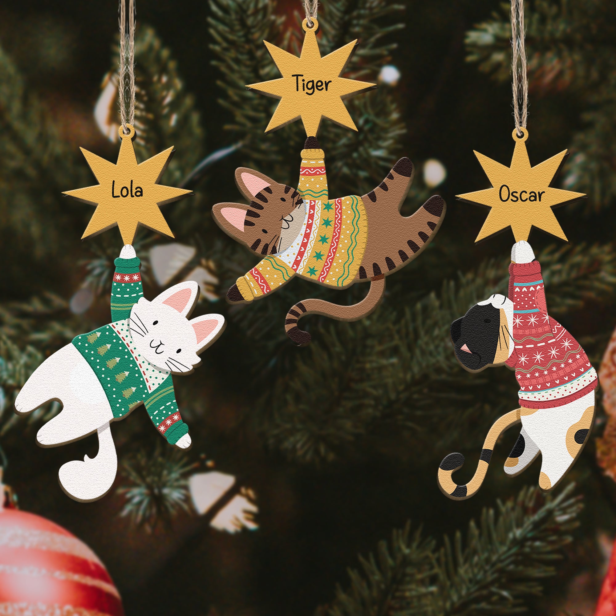 Hanging Funny Cats Christmas Time - Personalized Wooden Ornament