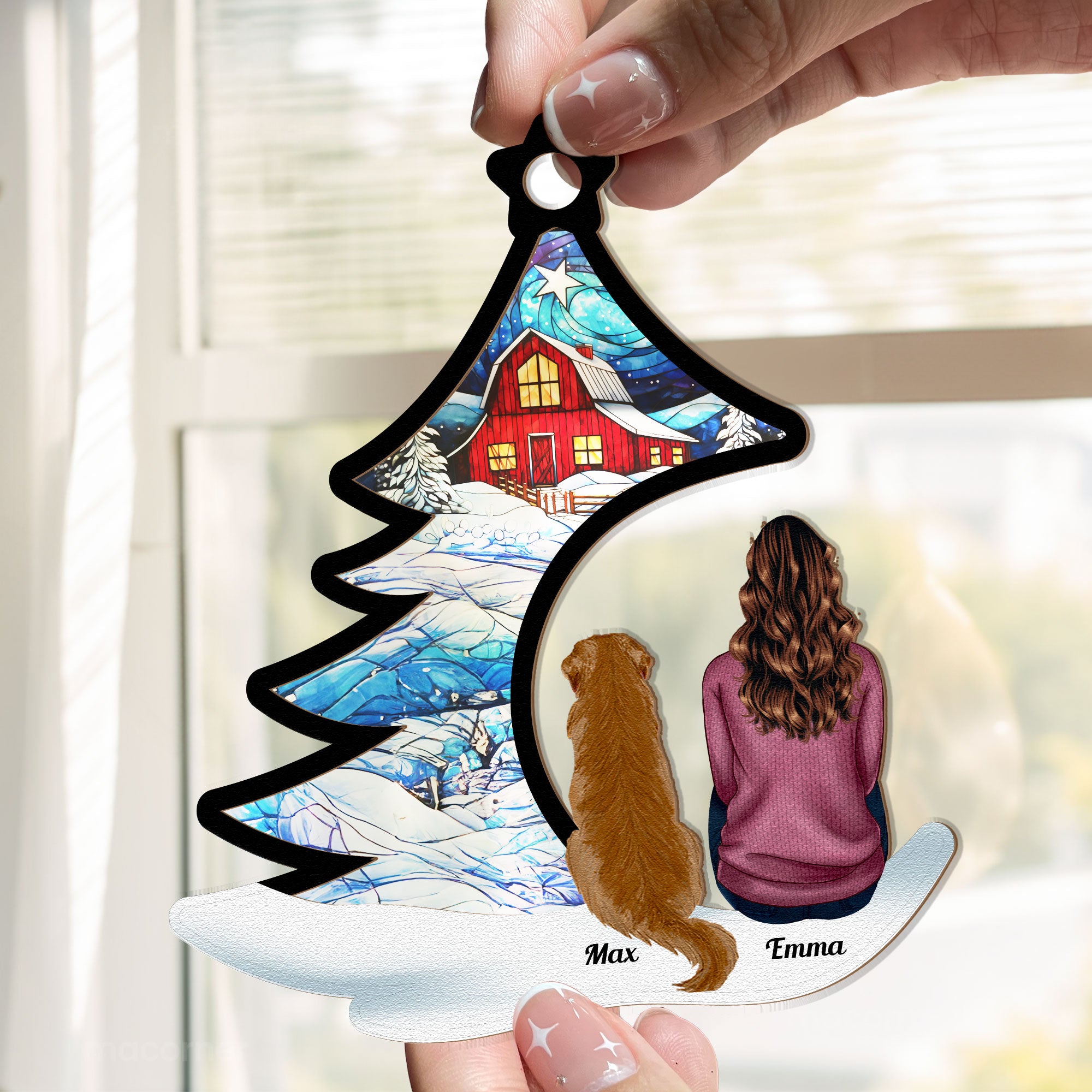 Happily Sitting With Dogs, Cats Under Christmas Tree - Personalized Window Hanging Suncatcher Ornament