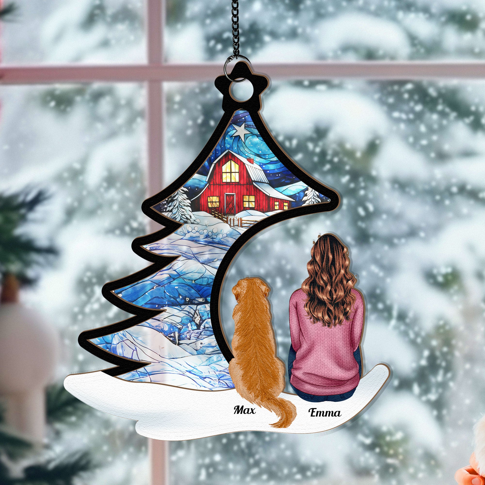 Happily Sitting With Dogs, Cats Under Christmas Tree - Personalized Window Hanging Suncatcher Ornament