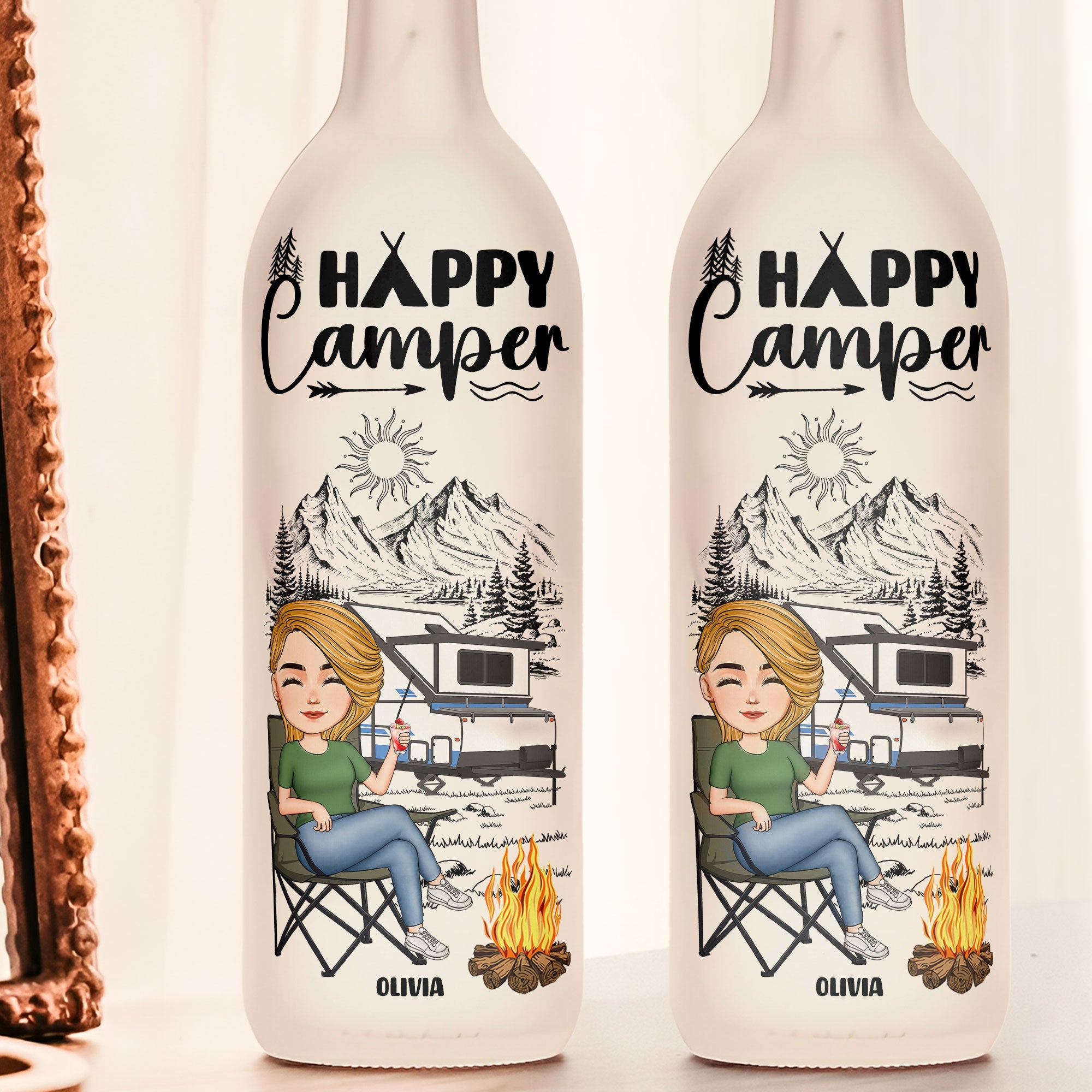 Happy Camper Gift For Camping Lover - Personalized Bottle Lamp