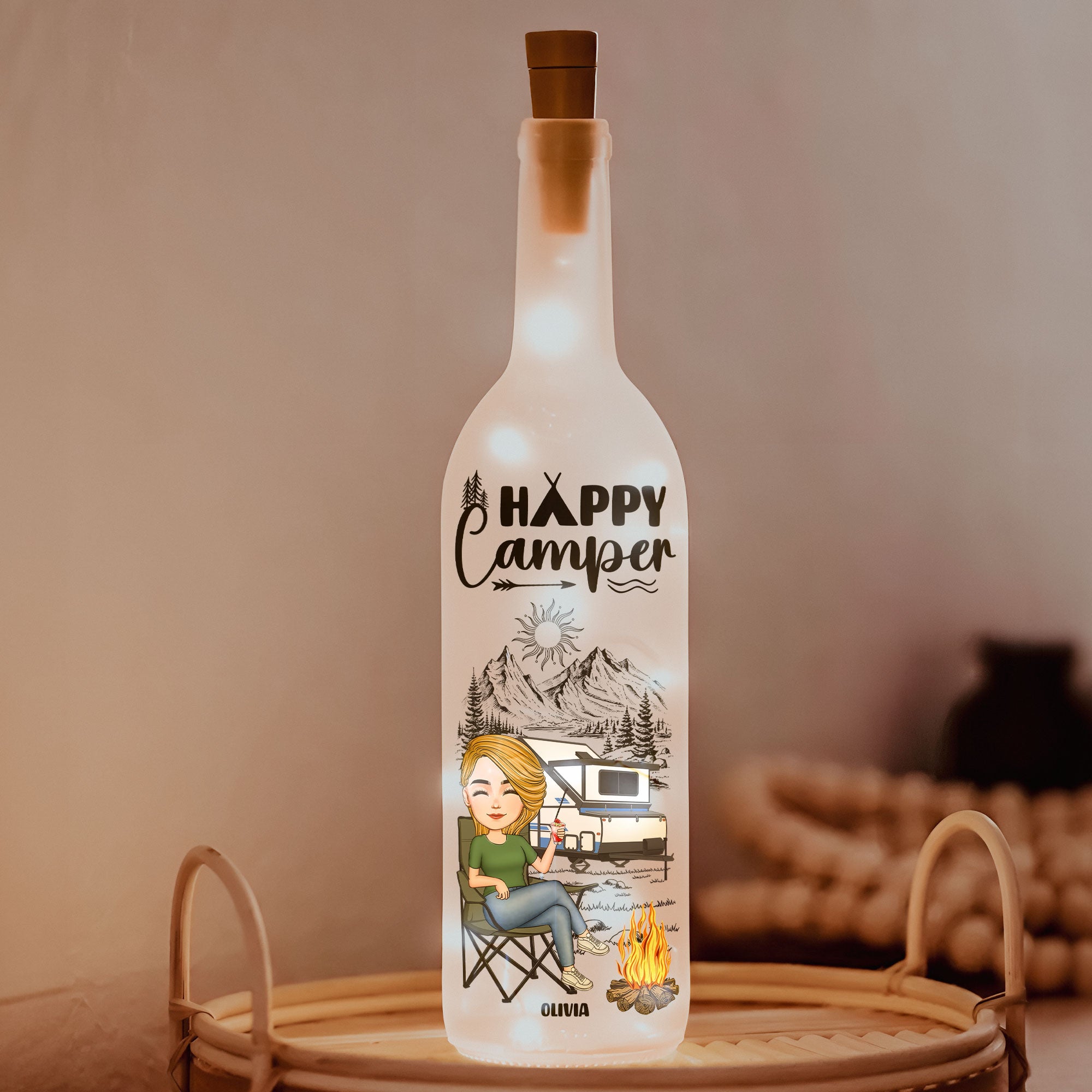 Happy Camper Gift For Camping Lover - Personalized Bottle Lamp