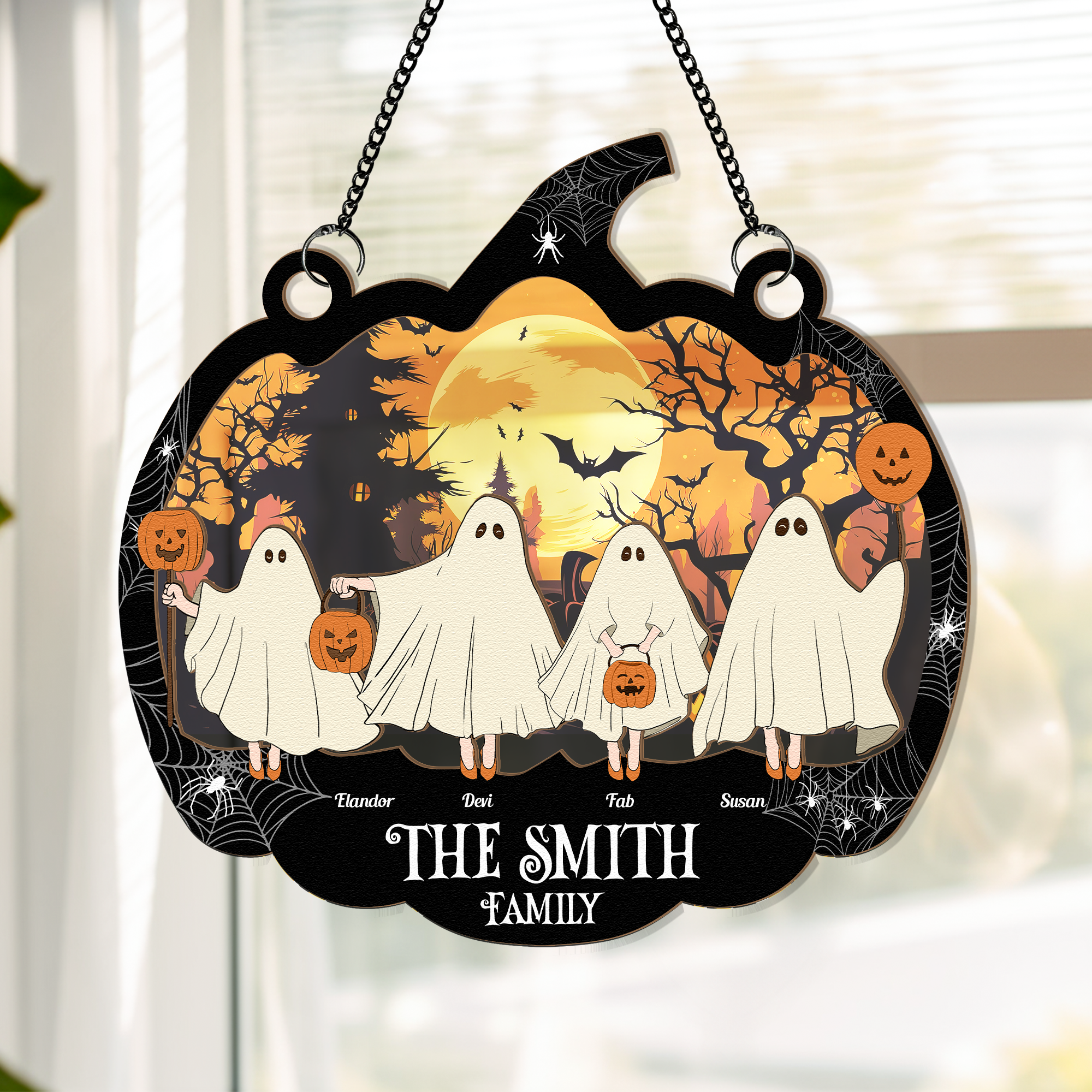 Happy Ghost Family Halloween - Personalized Window Hanging Suncatcher Ornament