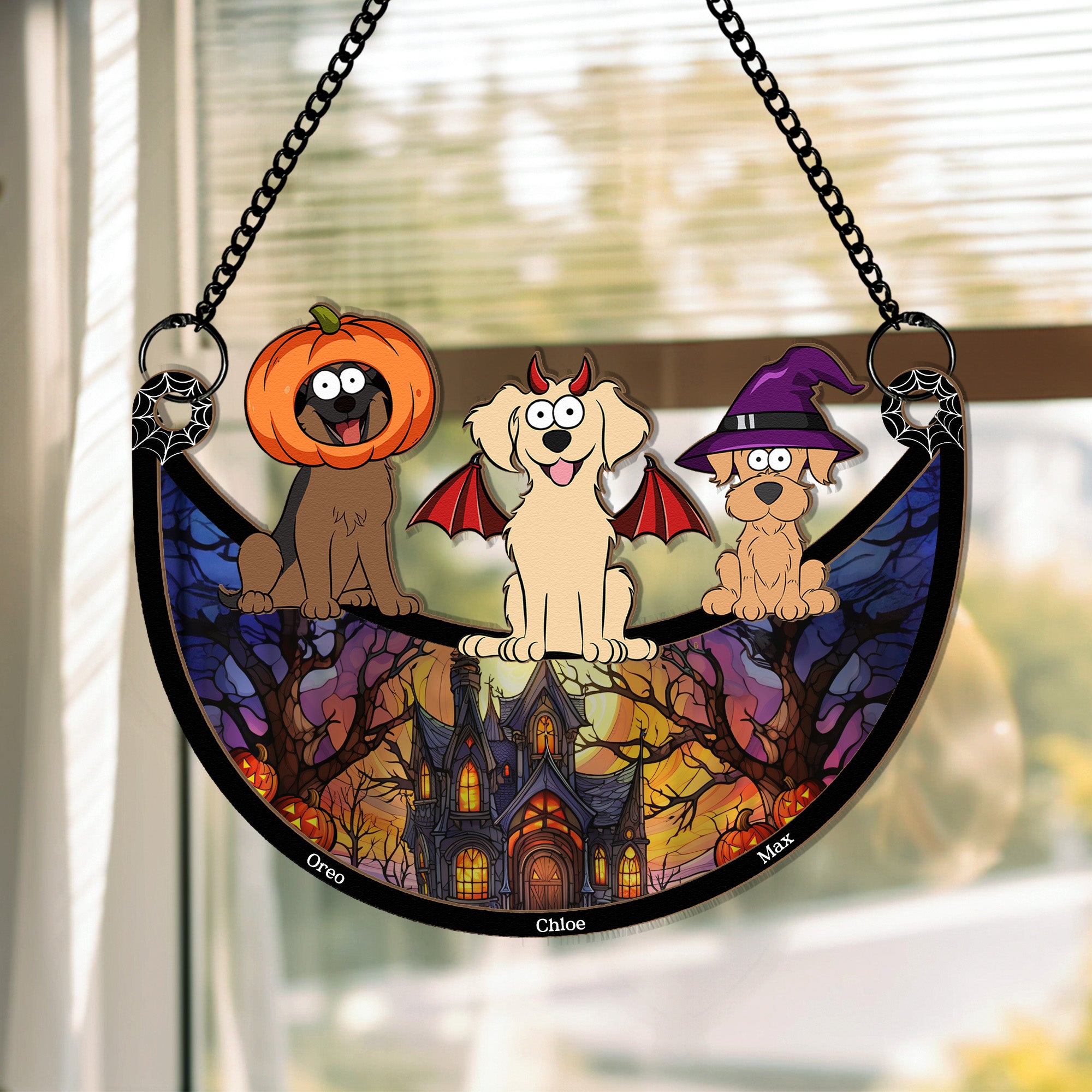 Happy Halloween With Dogs Cats - Personalized Window Hanging Suncatcher Ornament