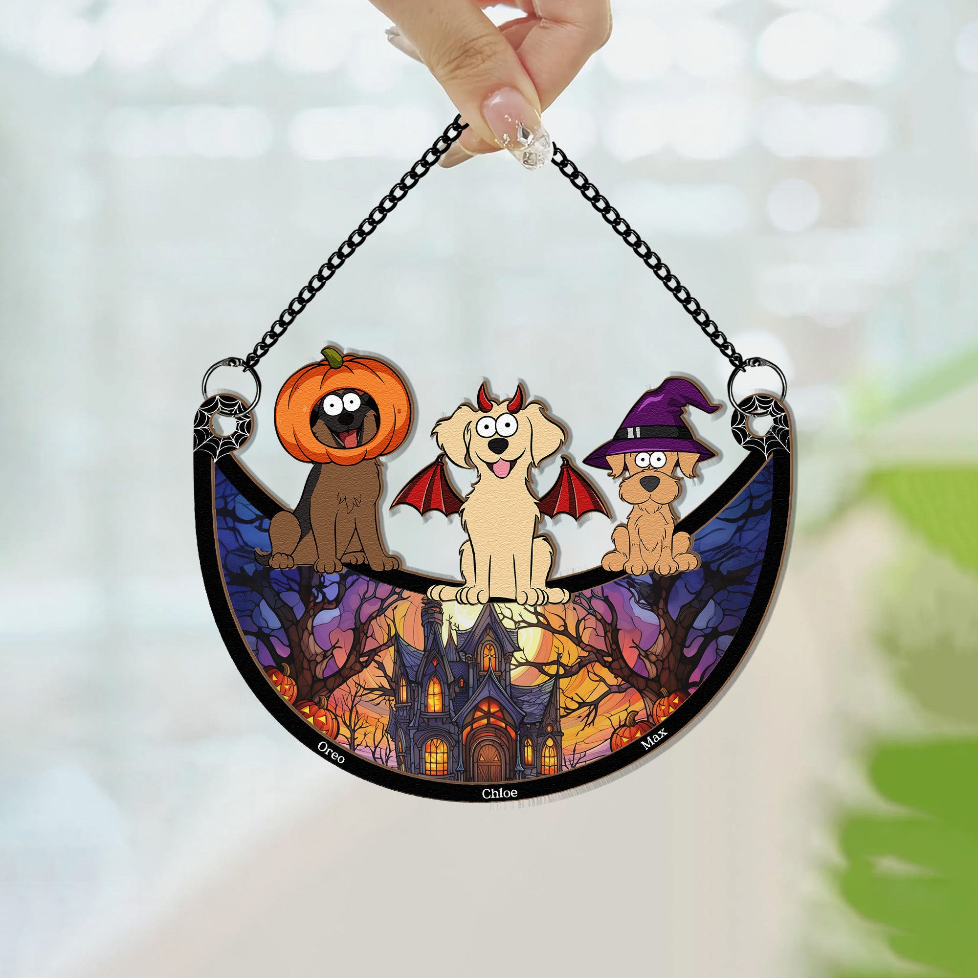 Happy Halloween With Dogs Cats - Personalized Window Hanging Suncatcher Ornament