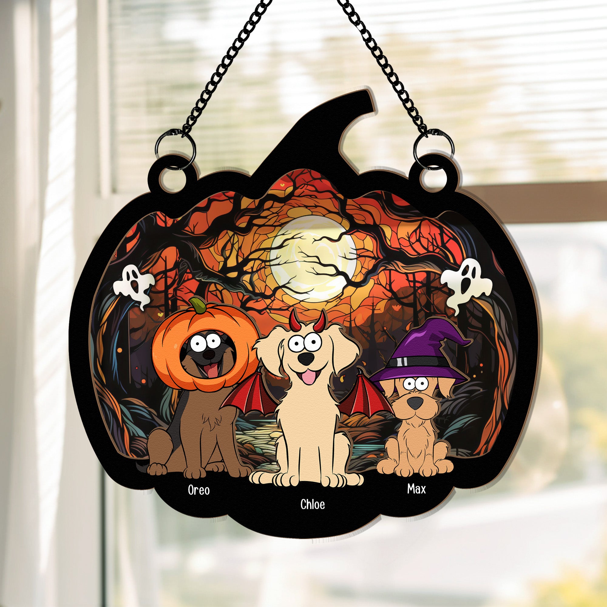 Happy Halloween With Fur Babies - Personalized Window Hanging Suncatcher Ornament