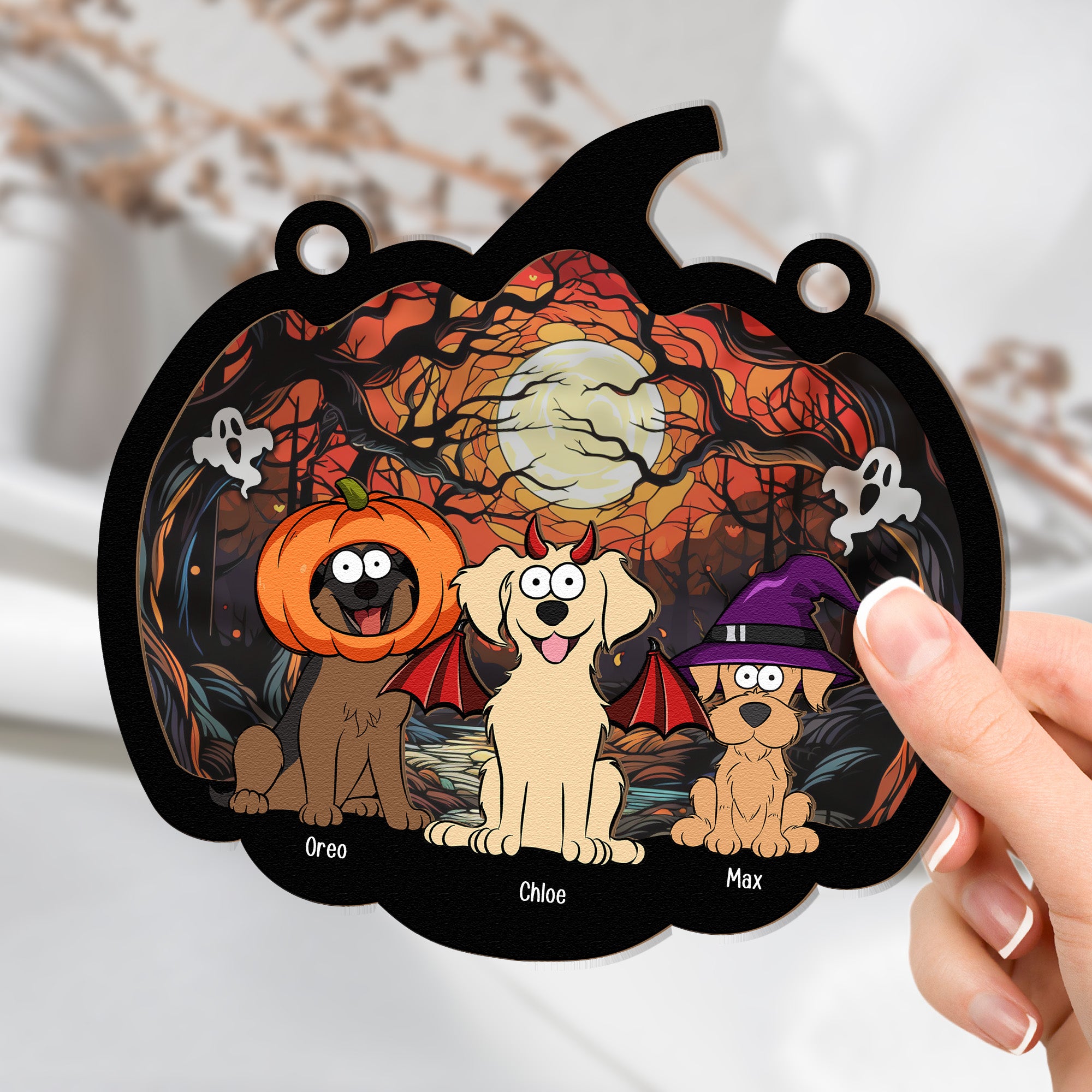 Happy Halloween With Fur Babies - Personalized Window Hanging Suncatcher Ornament