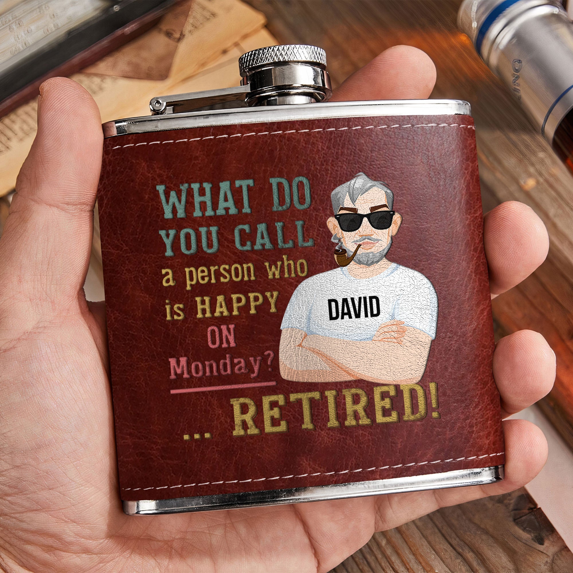 Happy Person On Monday - Personalized Leather Flask