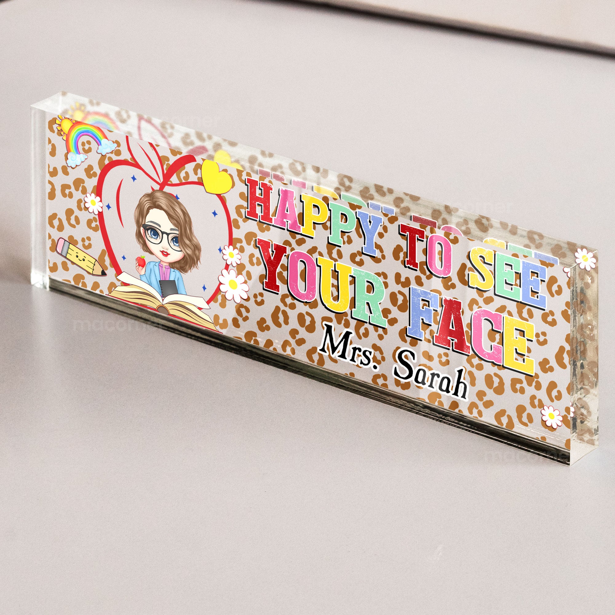 Happy To See Your Face Leopard Pattern Teacher Name Plate - Personalized Name Plate